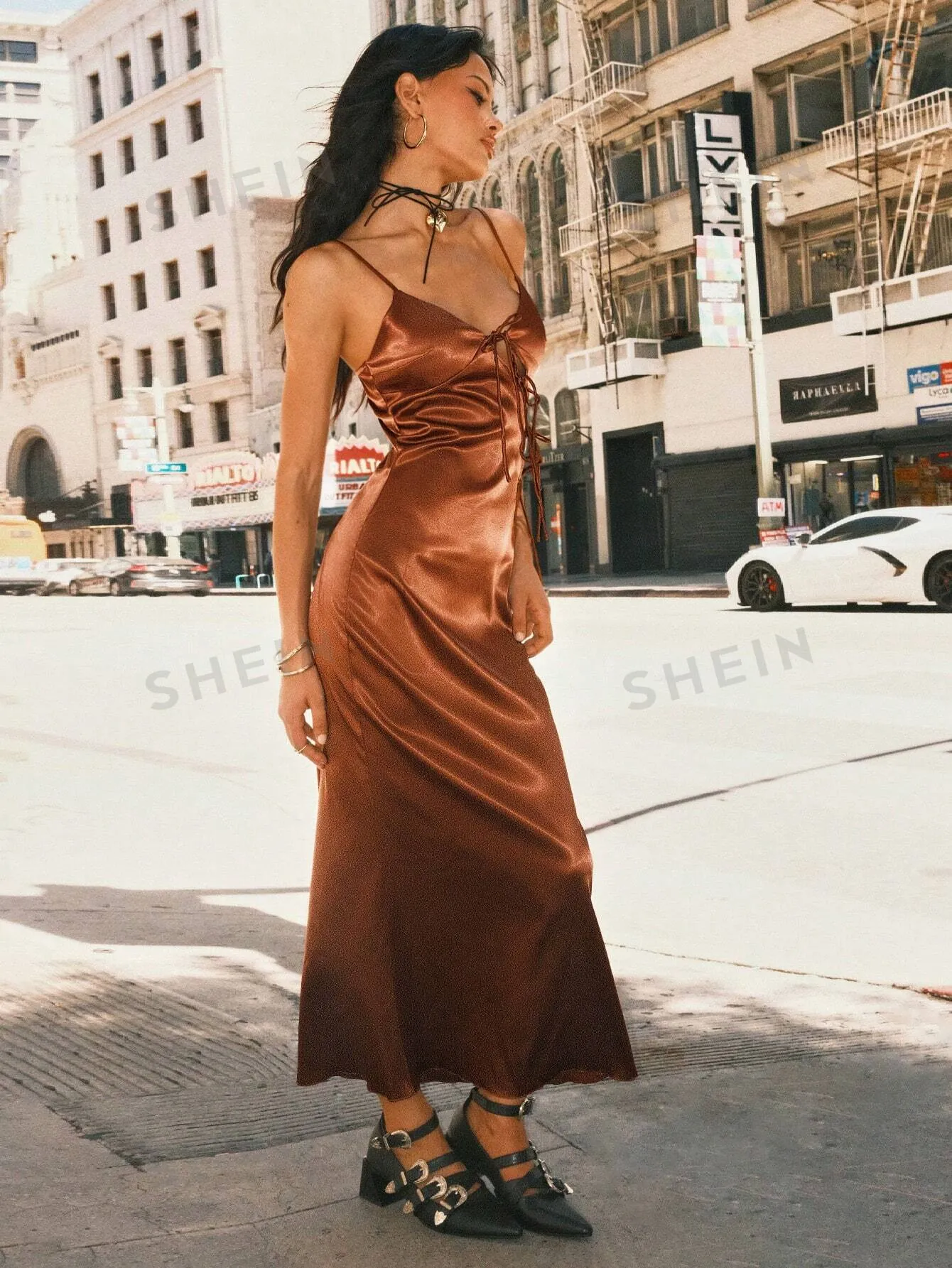 Easelle Coffee Brown Satin Slip Dress