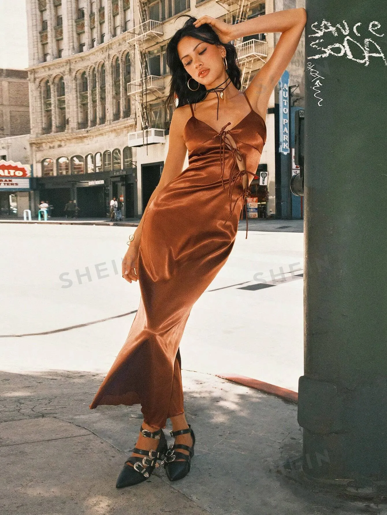 Easelle Coffee Brown Satin Slip Dress