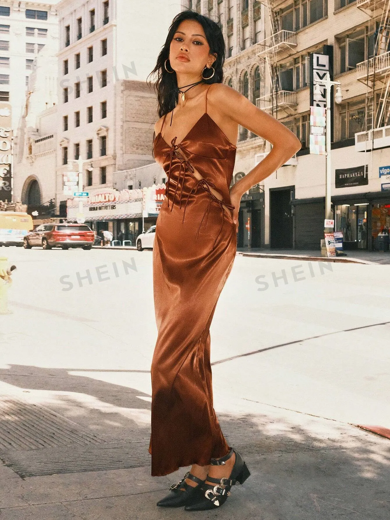 Easelle Coffee Brown Satin Slip Dress