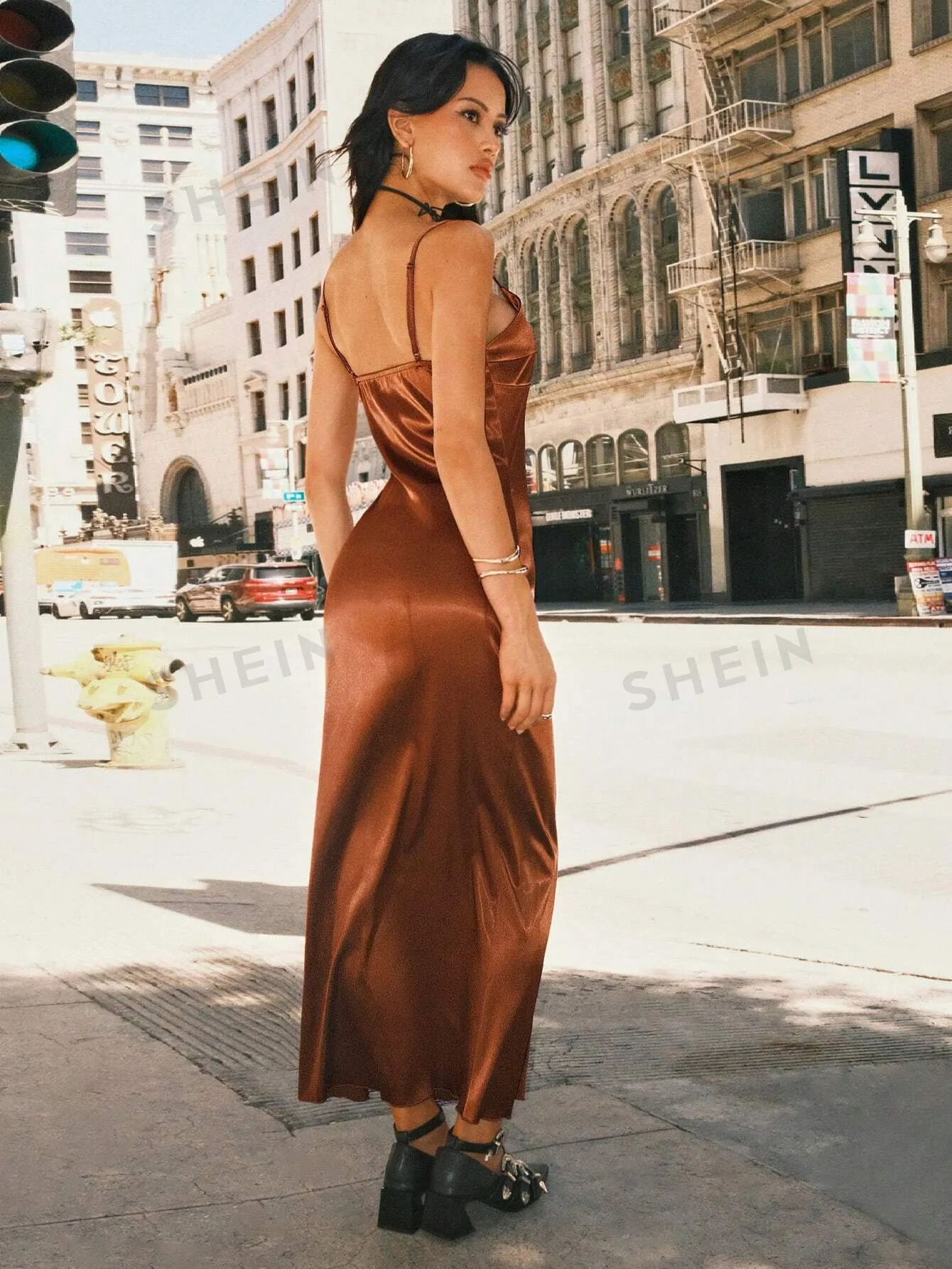 Easelle Coffee Brown Satin Slip Dress