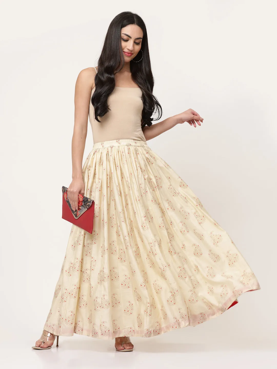 Ecru Organza Printed Skirt