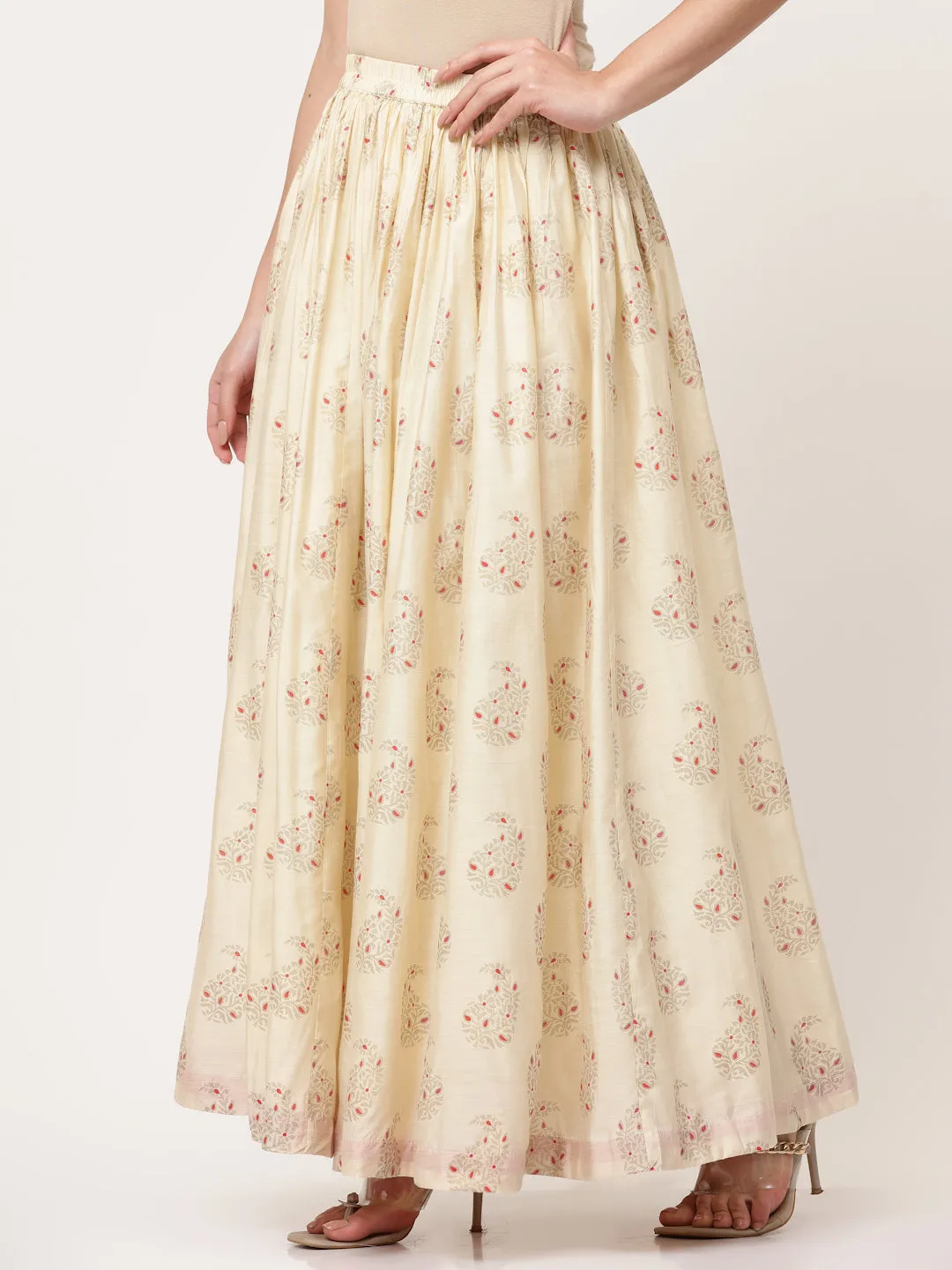 Ecru Organza Printed Skirt