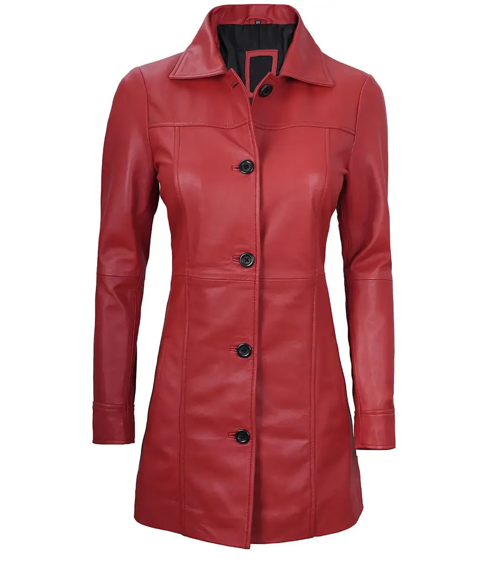 Elegant Kandis Women Red Real Leather Car Coat