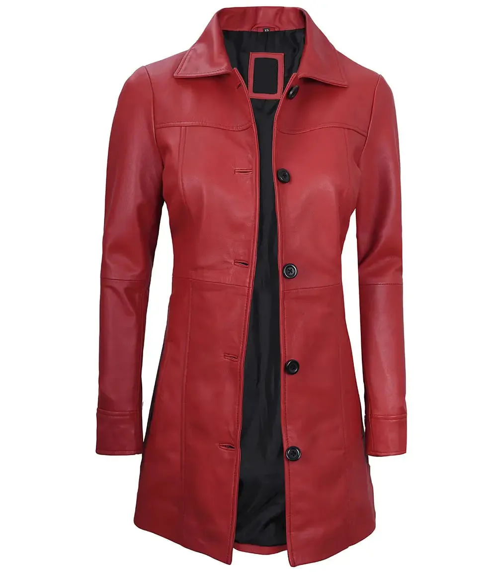 Elegant Kandis Women Red Real Leather Car Coat