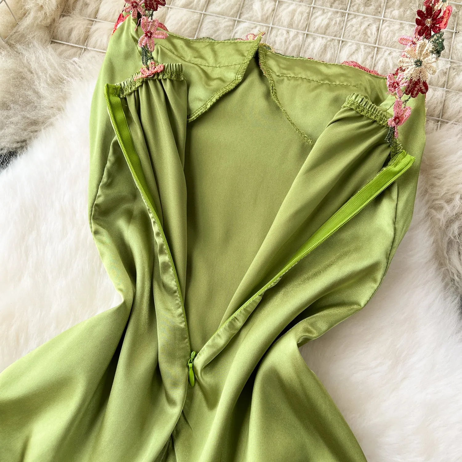 Embroidered Flower Satin Slip Dress
