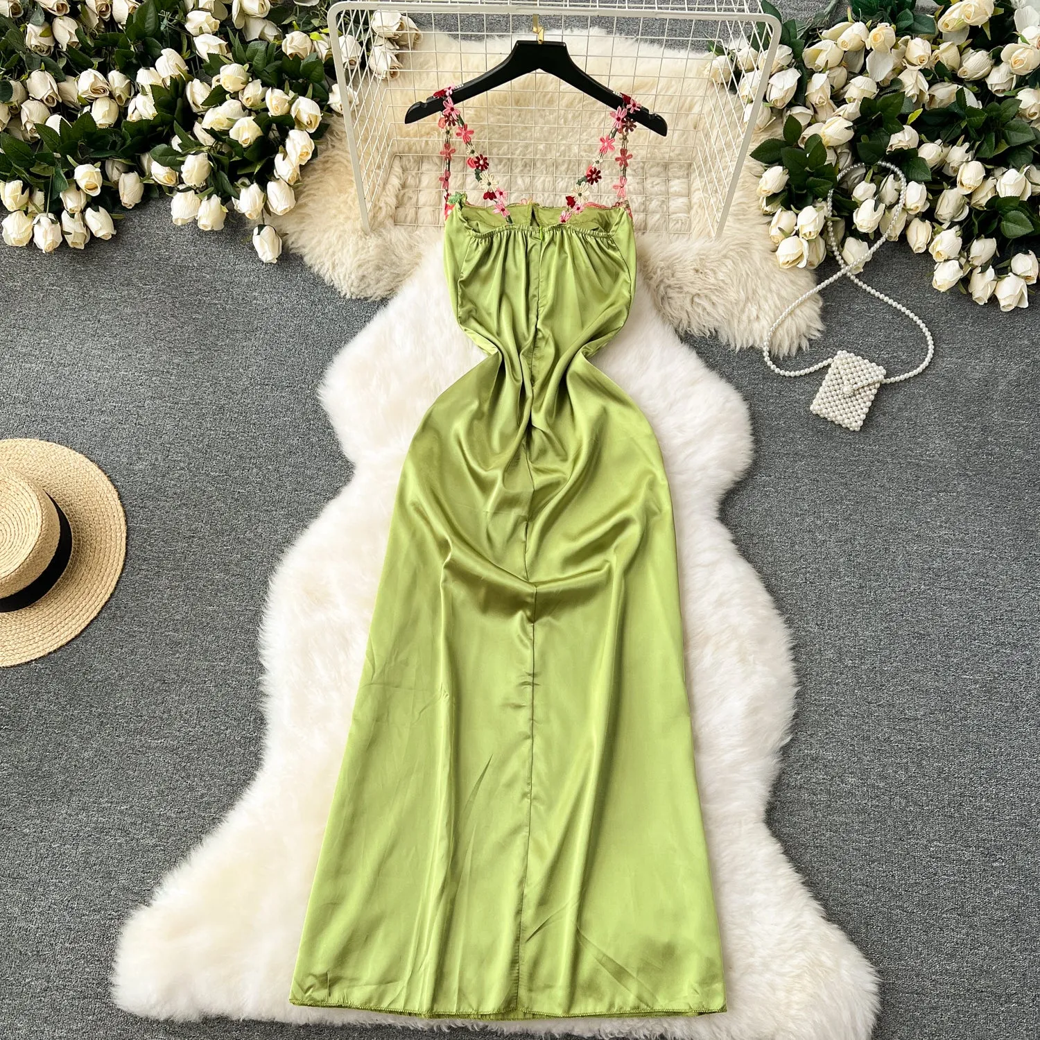 Embroidered Flower Satin Slip Dress