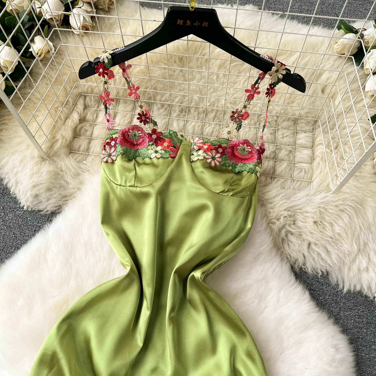 Embroidered Flower Satin Slip Dress