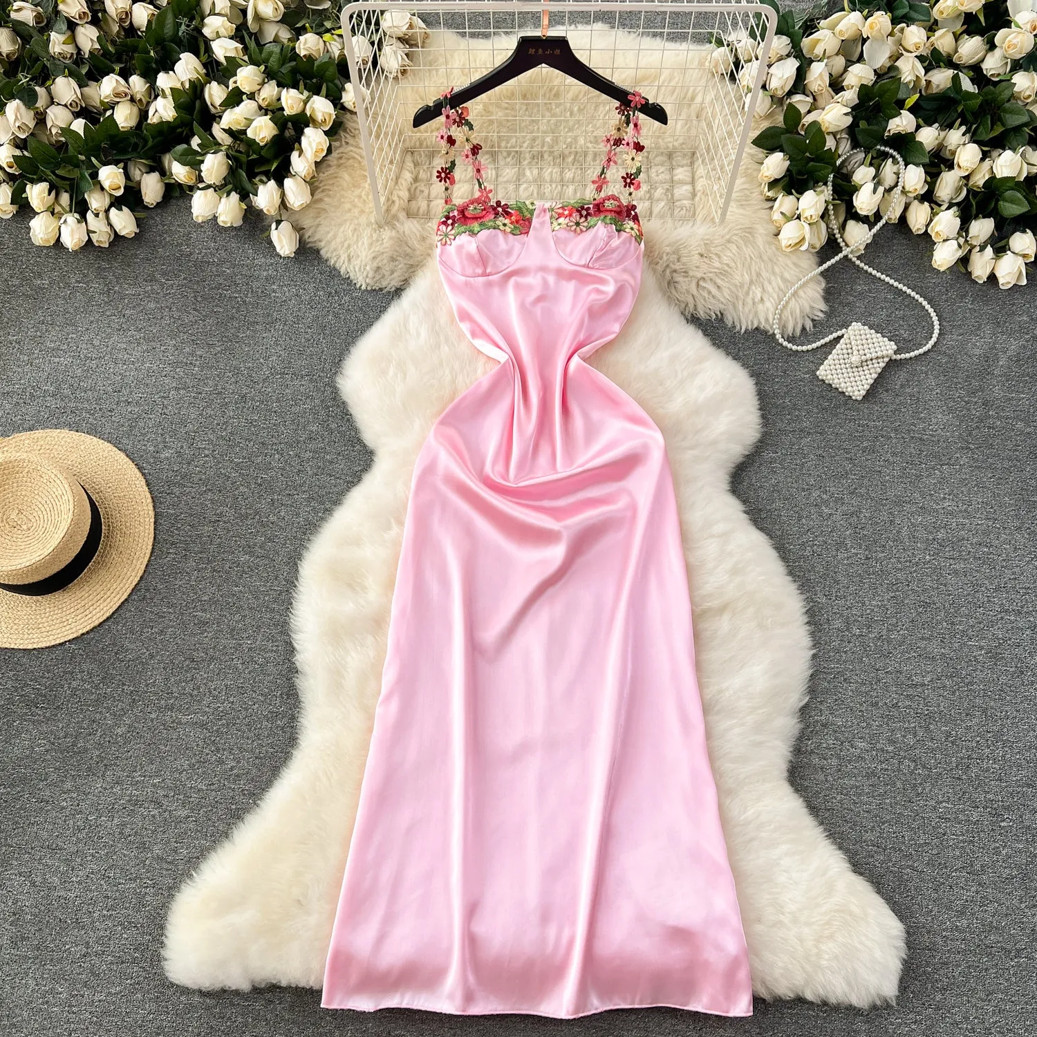 Embroidered Flower Satin Slip Dress