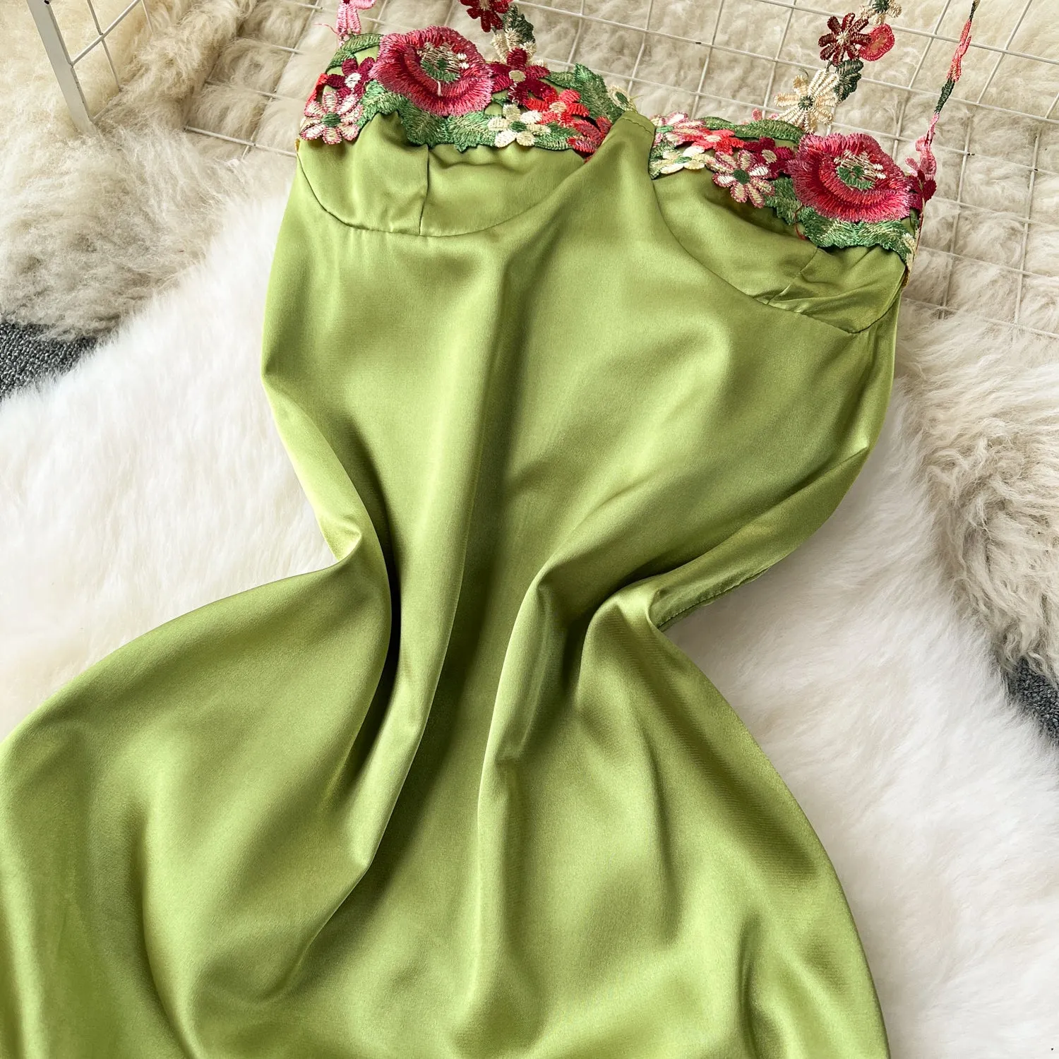 Embroidered Flower Satin Slip Dress
