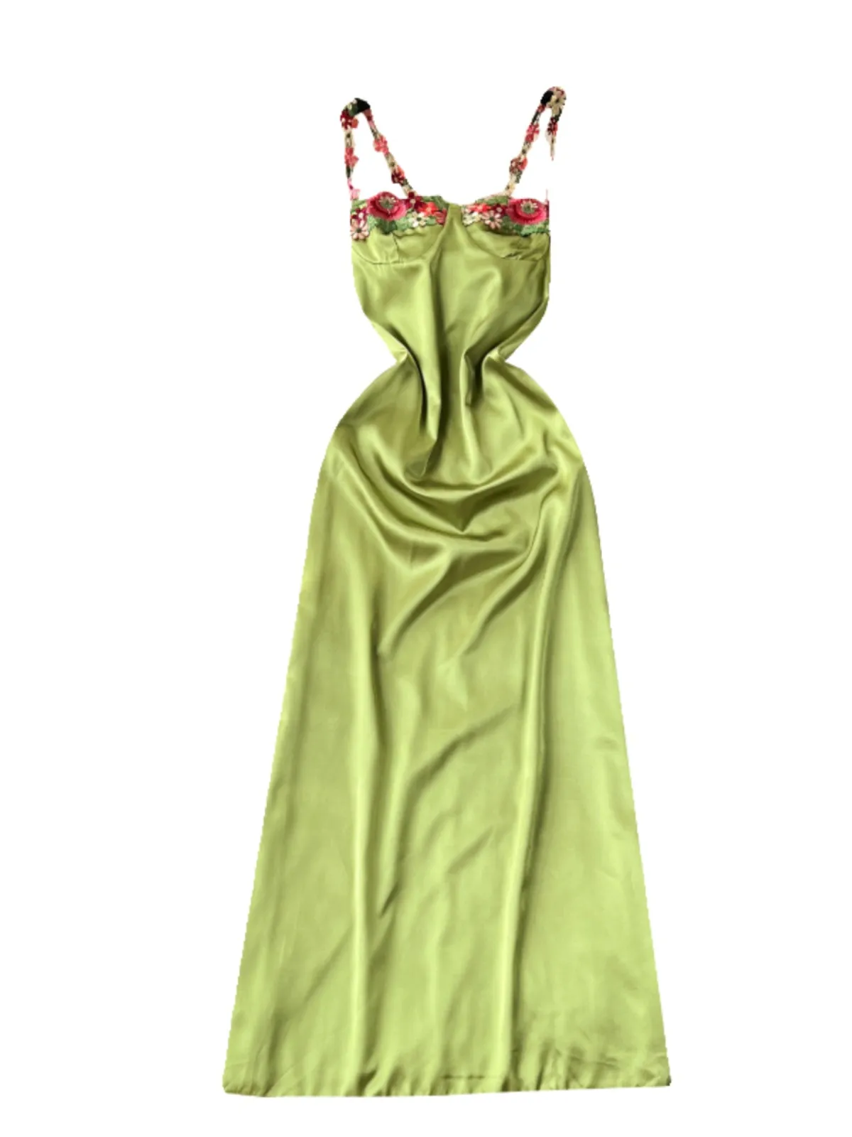 Embroidered Flower Satin Slip Dress
