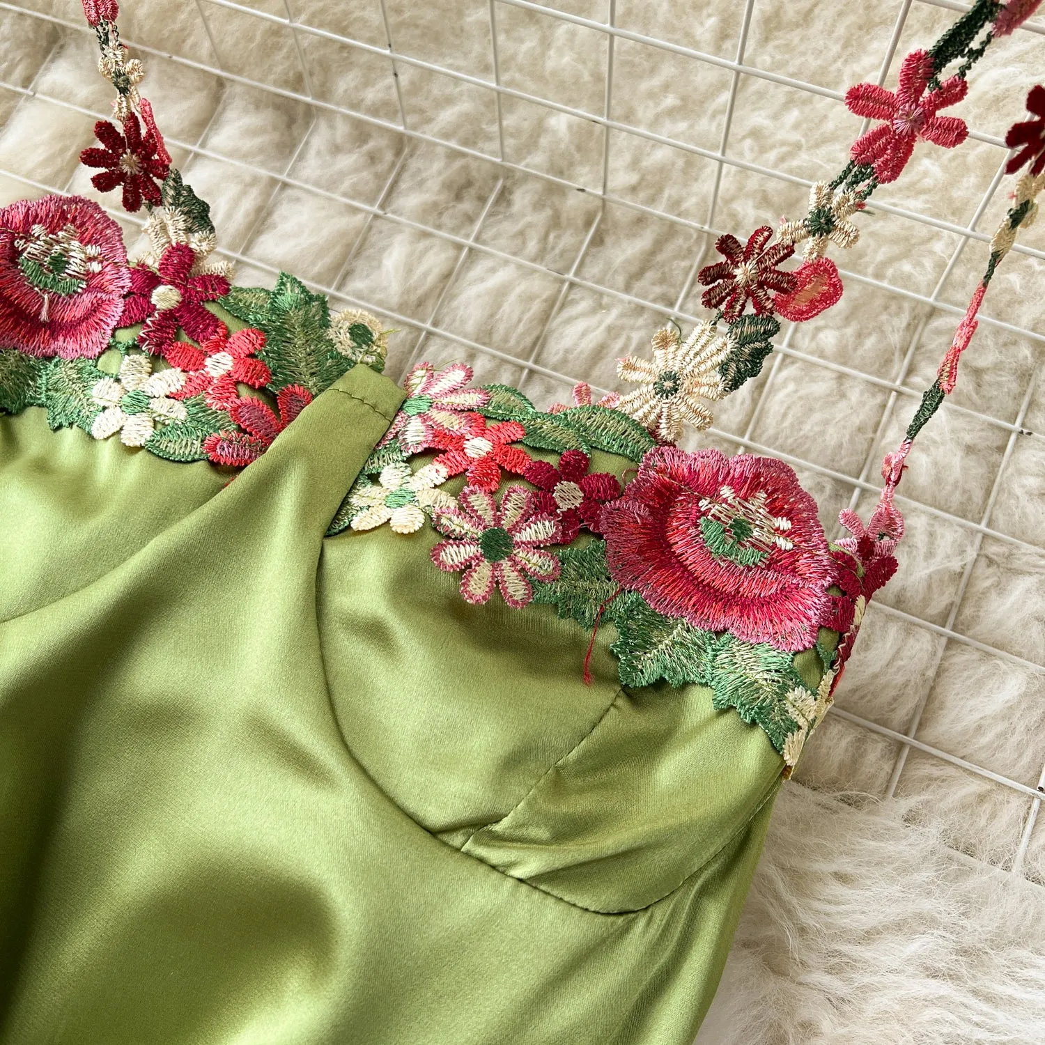 Embroidered Flower Satin Slip Dress