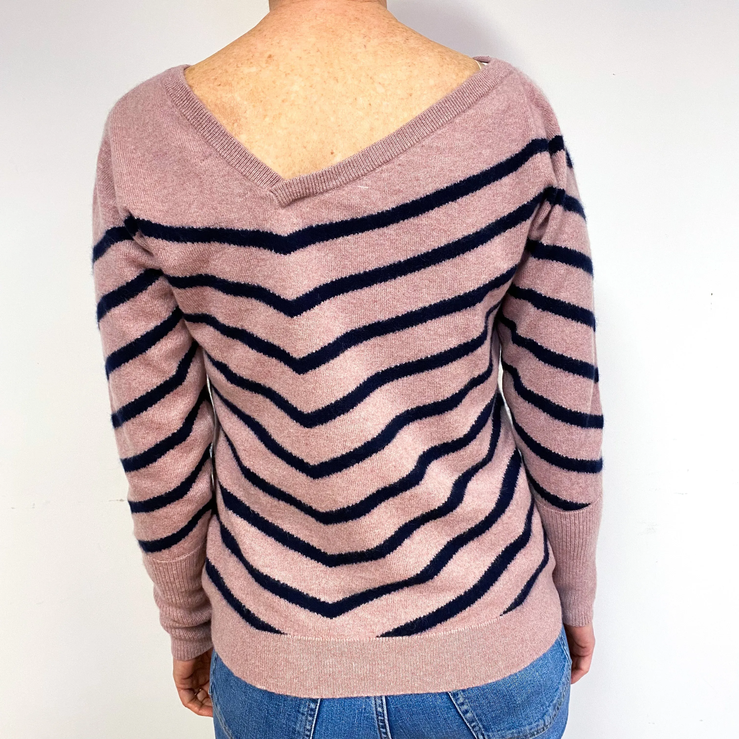 Faded Heather Pink And Navy Blue Cashmere V-Neck Jumper Medium