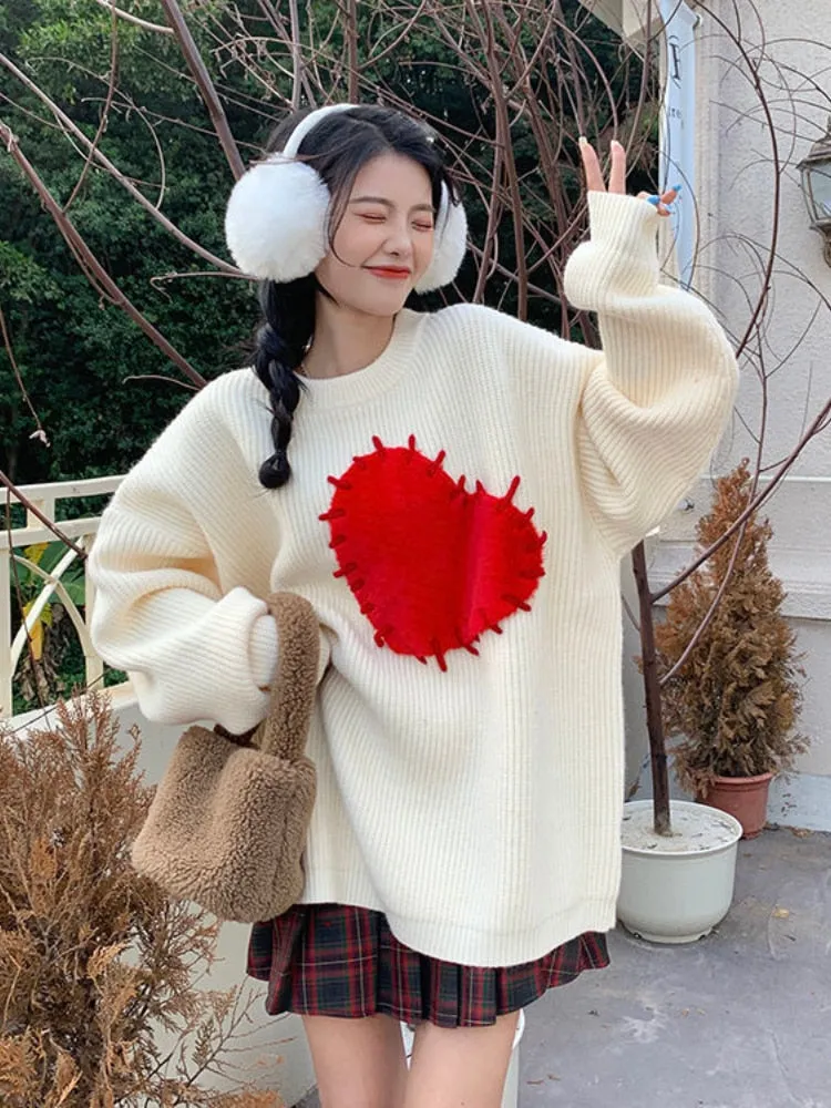 Fashionkova  Japanese Style Heart Print Sweater Women Harajuku Vintage Knitted Jumper Loose All-Match Pullover Tops For Sweet Girls