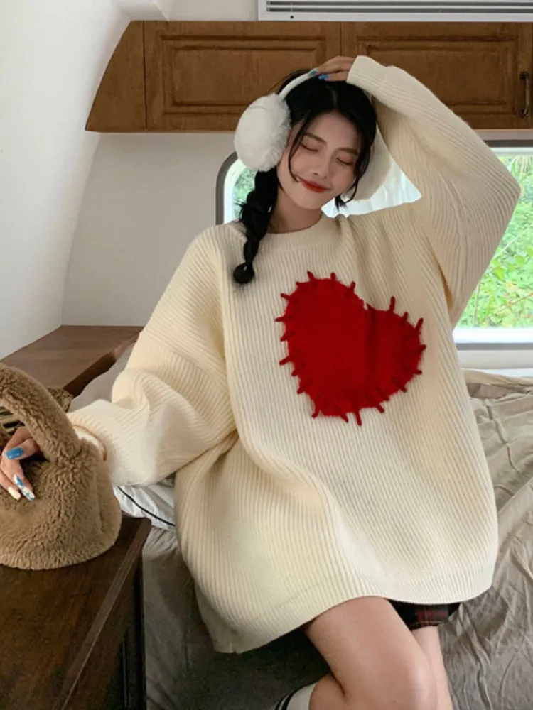 Fashionkova  Japanese Style Heart Print Sweater Women Harajuku Vintage Knitted Jumper Loose All-Match Pullover Tops For Sweet Girls