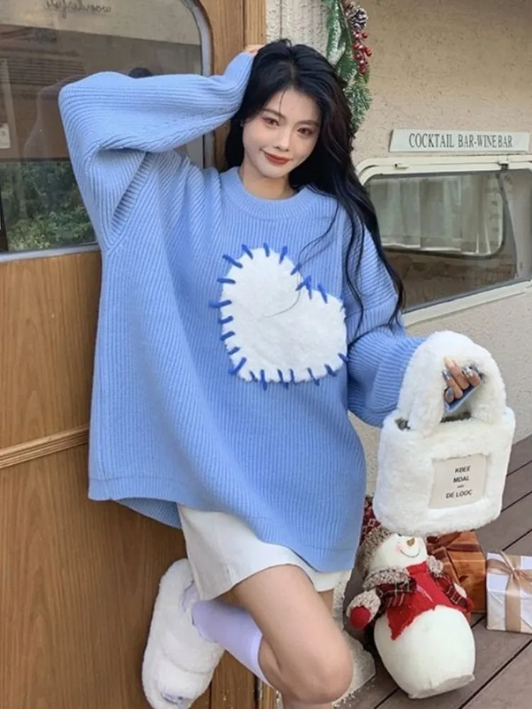 Fashionkova  Japanese Style Heart Print Sweater Women Harajuku Vintage Knitted Jumper Loose All-Match Pullover Tops For Sweet Girls