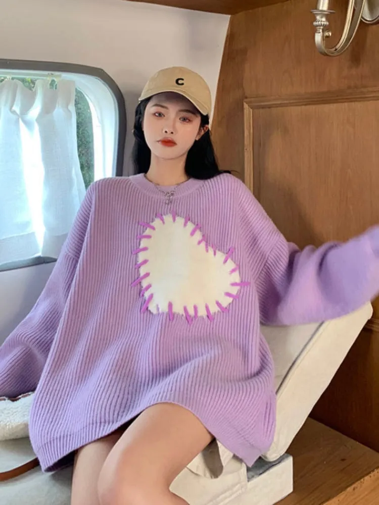 Fashionkova  Japanese Style Heart Print Sweater Women Harajuku Vintage Knitted Jumper Loose All-Match Pullover Tops For Sweet Girls