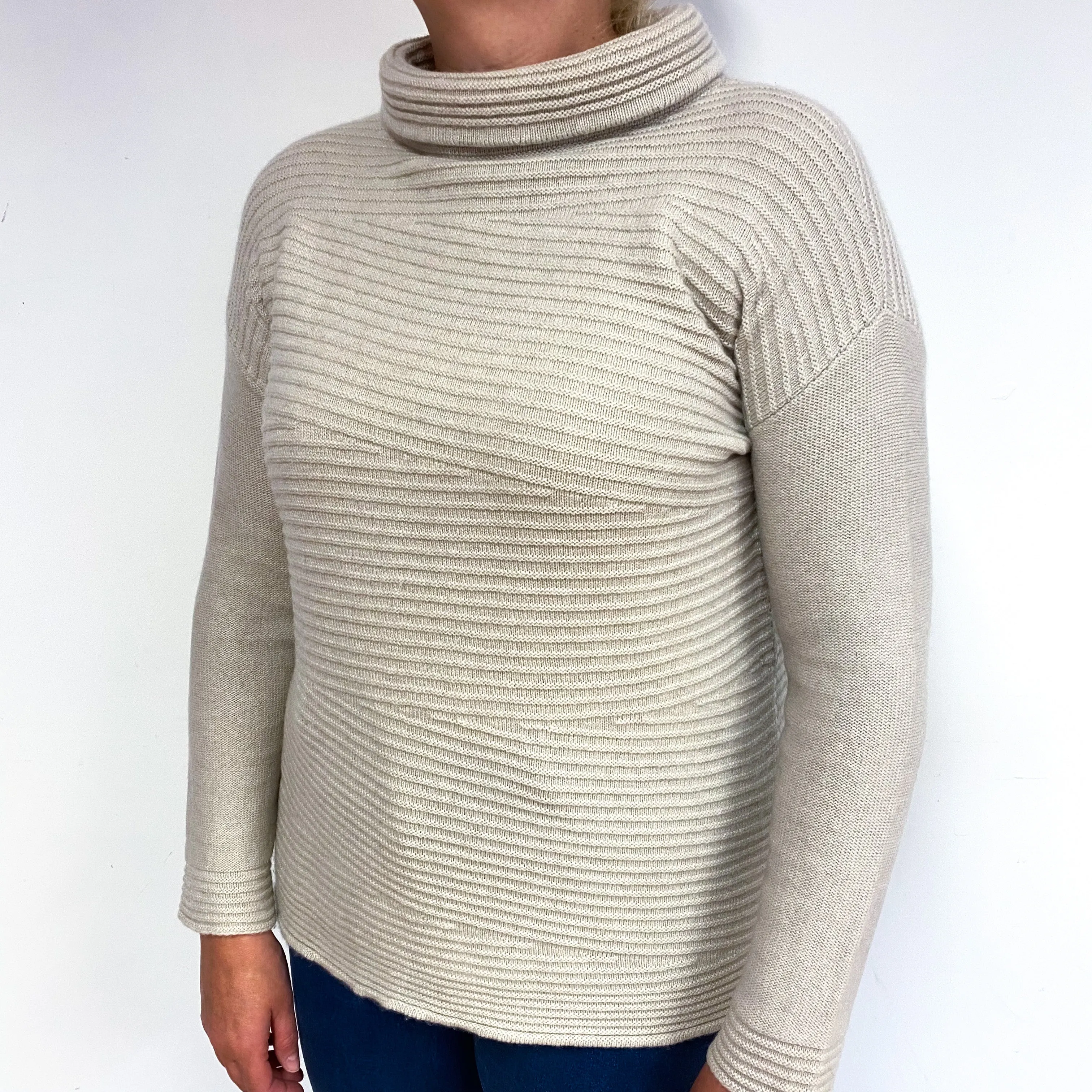 Fawn Beige Chunky Ribbed Cashmere Funnel Neck Jumper Large
