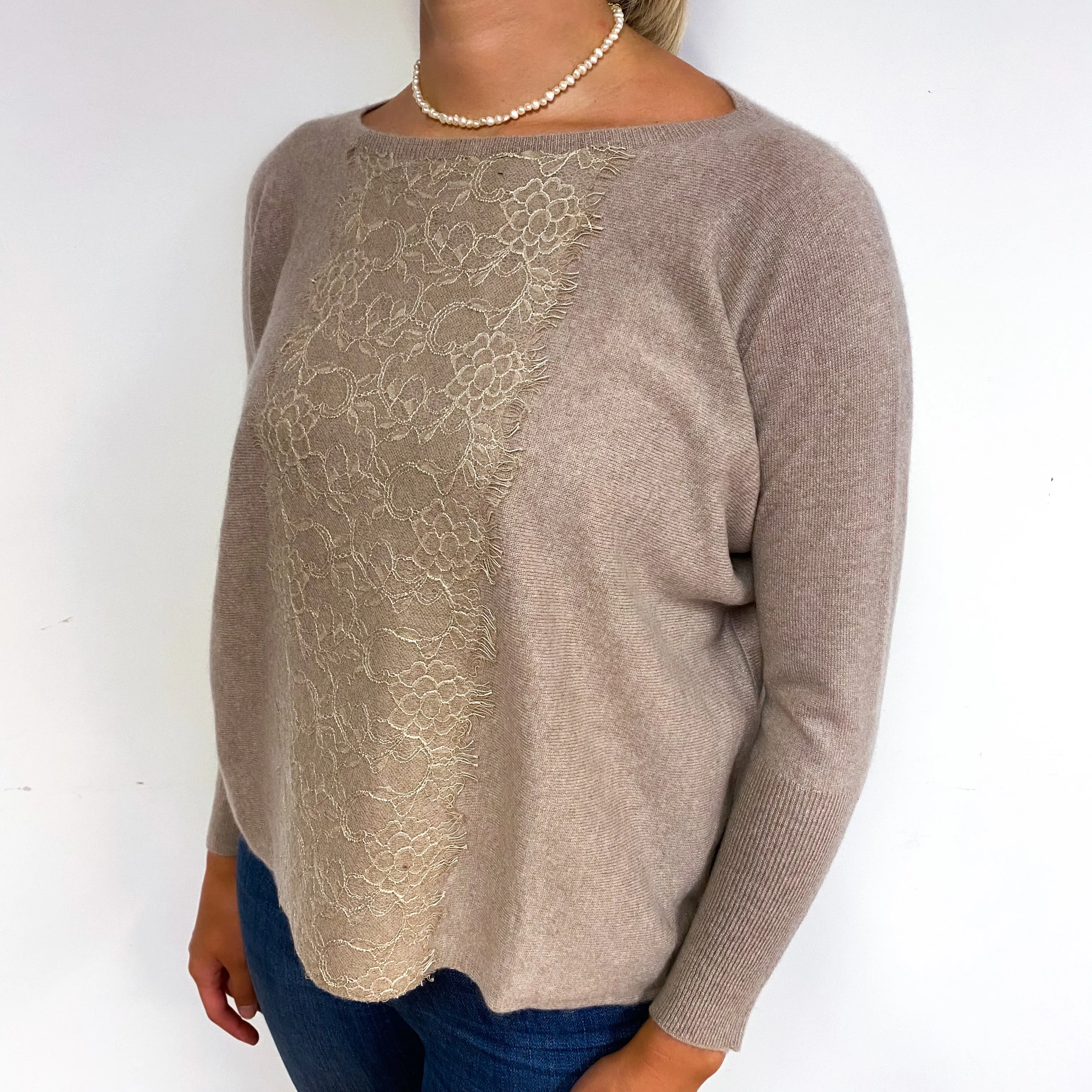 Fawn Brown Slouchy Lace Cashmere Crew Neck Jumper Small