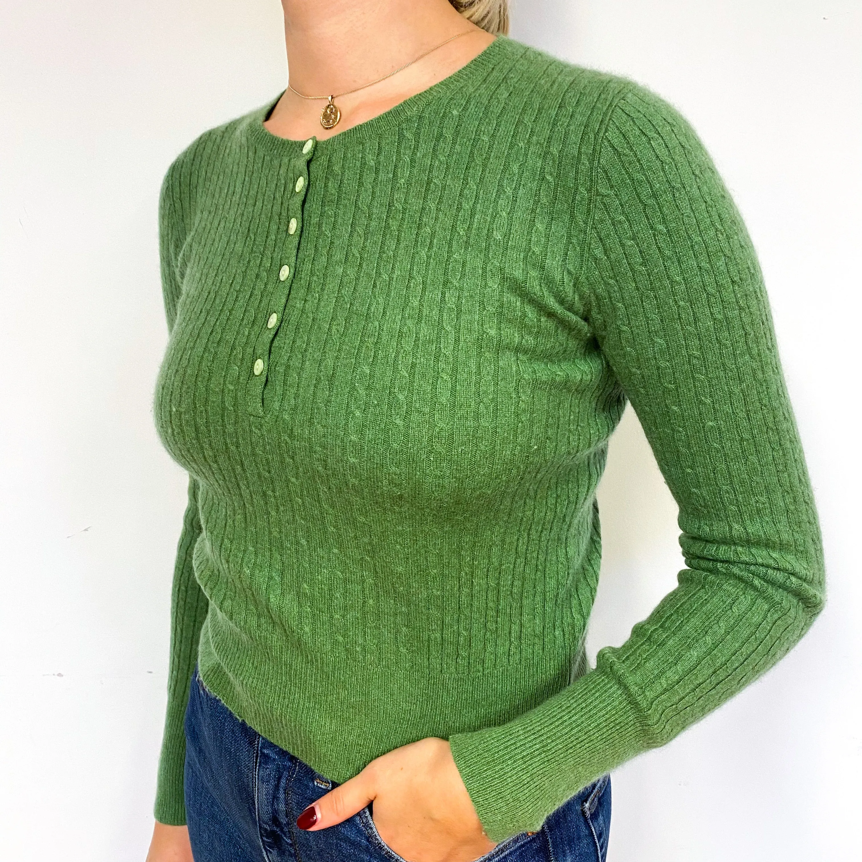 Fern Green Cable Cashmere Crew Neck Jumper Small