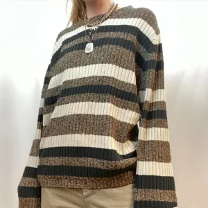 Flytonn-Women Autumn Contrast Sweater Long Sleeve Vintage Striped Knit Jumper Fairycore Coquette French Preppy Pullovers Streetwear