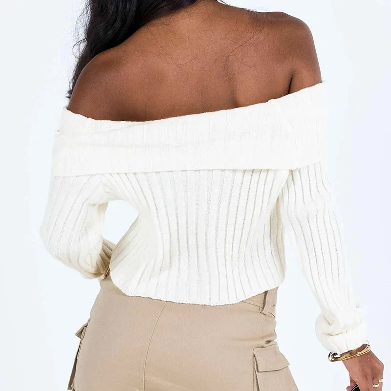 Flytonn-Y2K Women Knit Off Shoulder Jumper 2000s Vintage Long Sleeve Slash Neck Sweaters Full Winter French Trend Fashion Streetwear