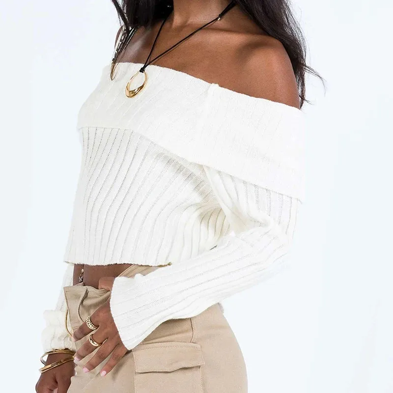 Flytonn-Y2K Women Knit Off Shoulder Jumper 2000s Vintage Long Sleeve Slash Neck Sweaters Full Winter French Trend Fashion Streetwear