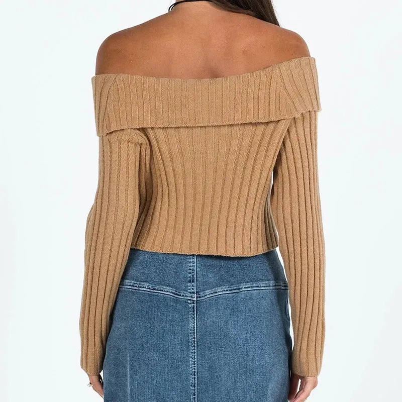 Flytonn-Y2K Women Knit Off Shoulder Jumper 2000s Vintage Long Sleeve Slash Neck Sweaters Full Winter French Trend Fashion Streetwear