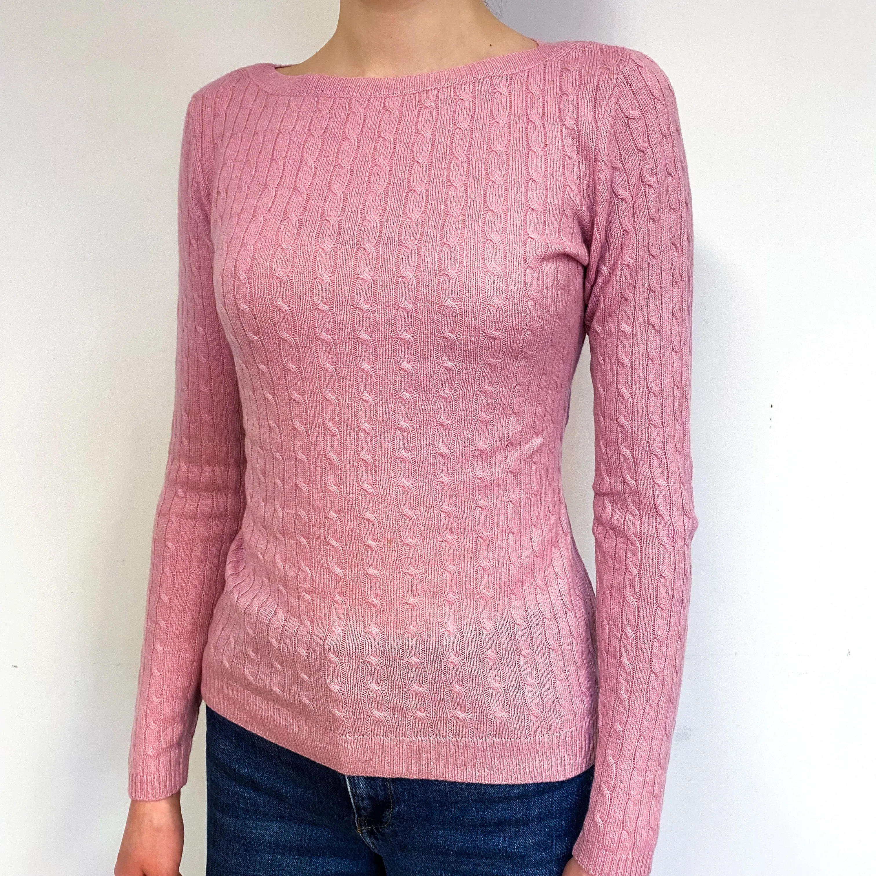 Fox Glove Pink Cable Cashmere Crew Neck Jumper Extra Small