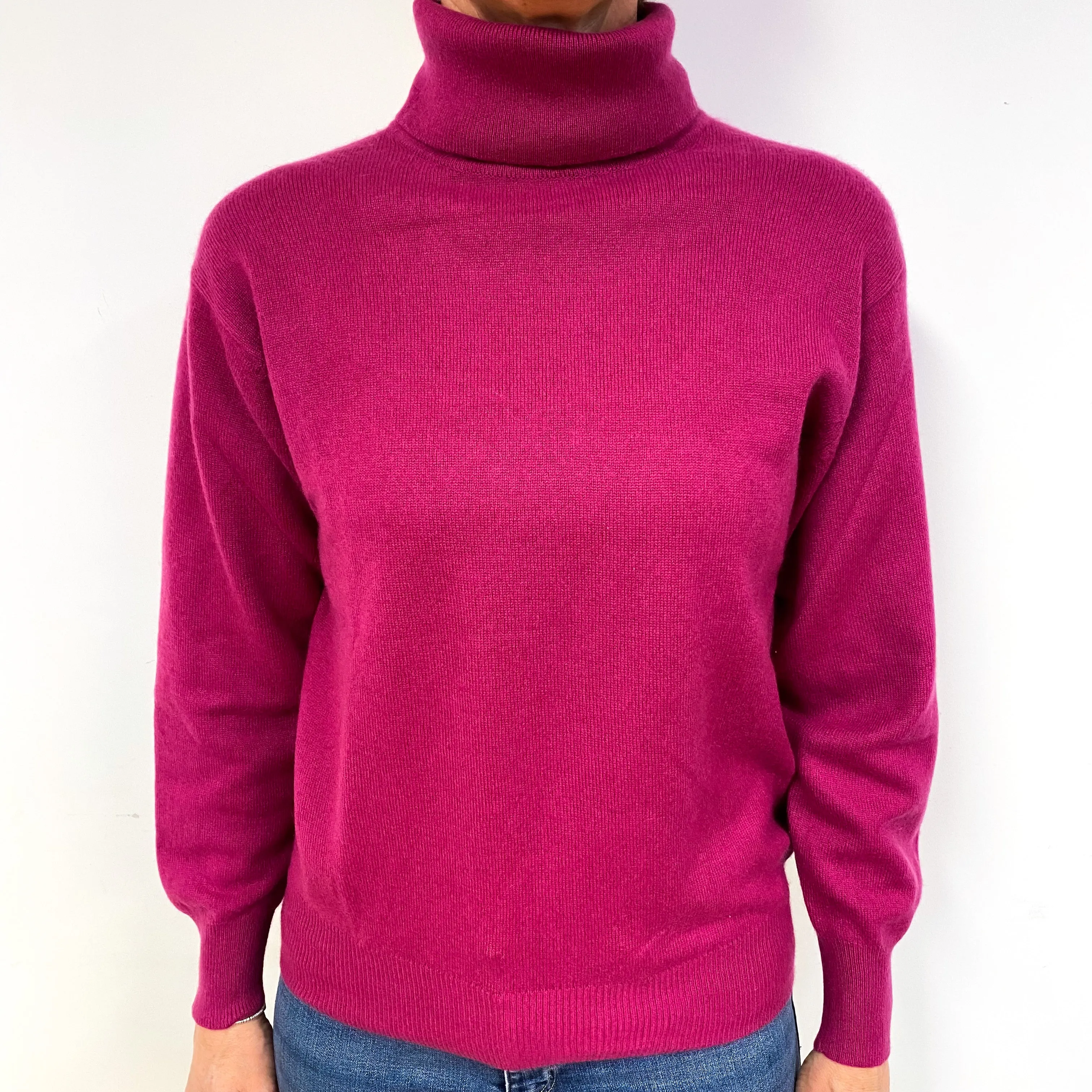 Fuchsia Pink Cashmere Polo Neck Jumper Medium