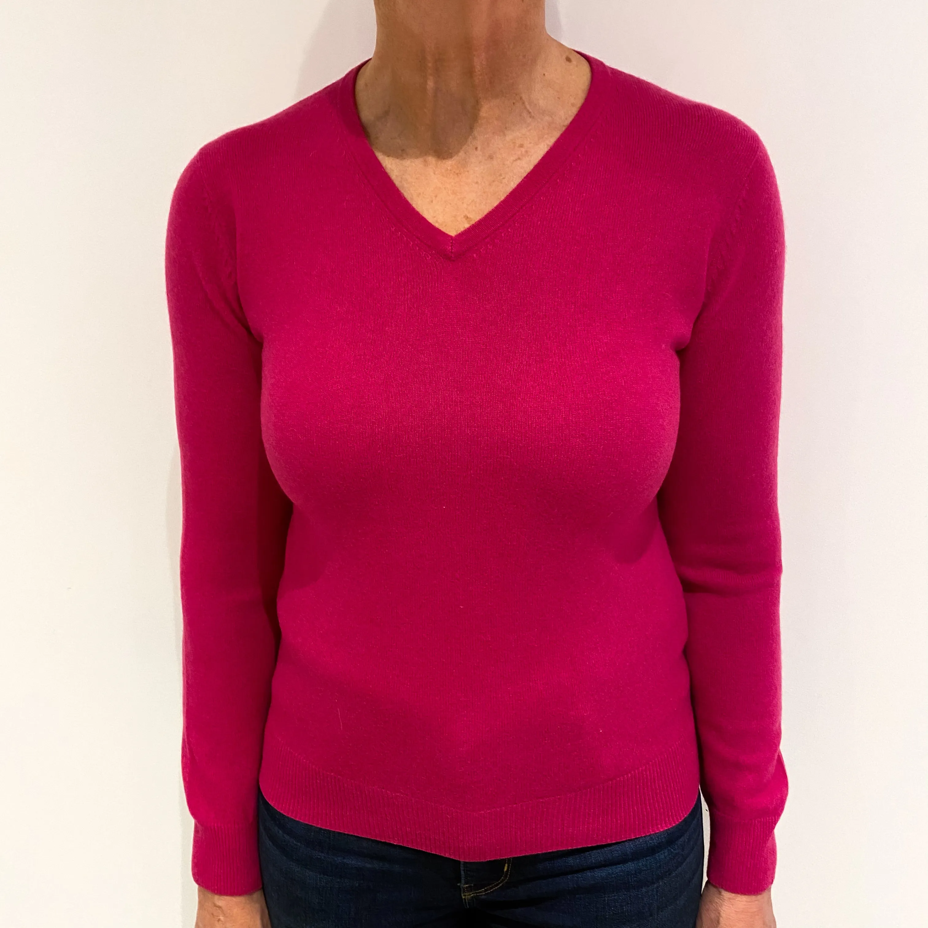 Fuchsia Pink Cashmere V Neck Jumper Medium