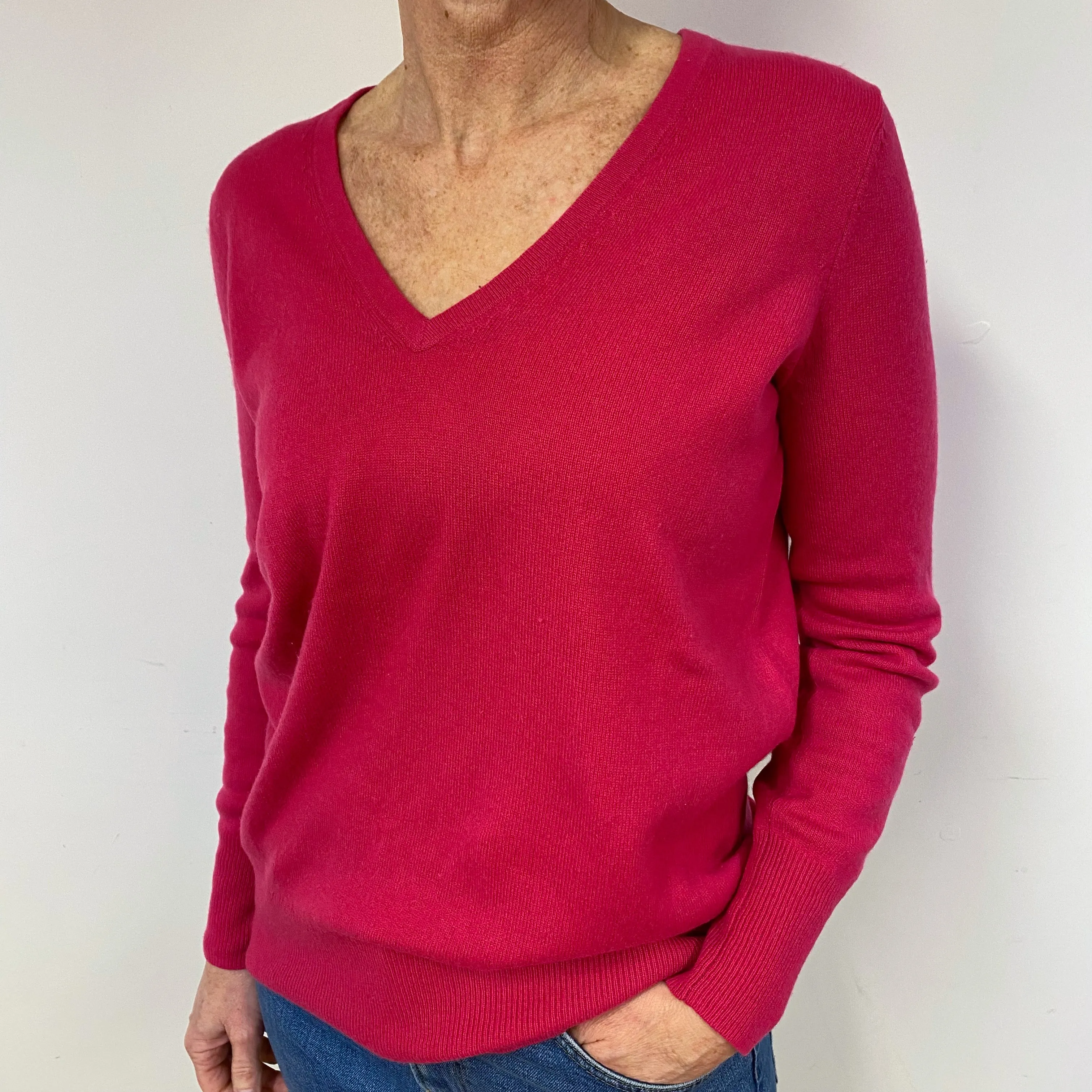 Fuchsia Pink Cashmere V-Neck Jumper Medium