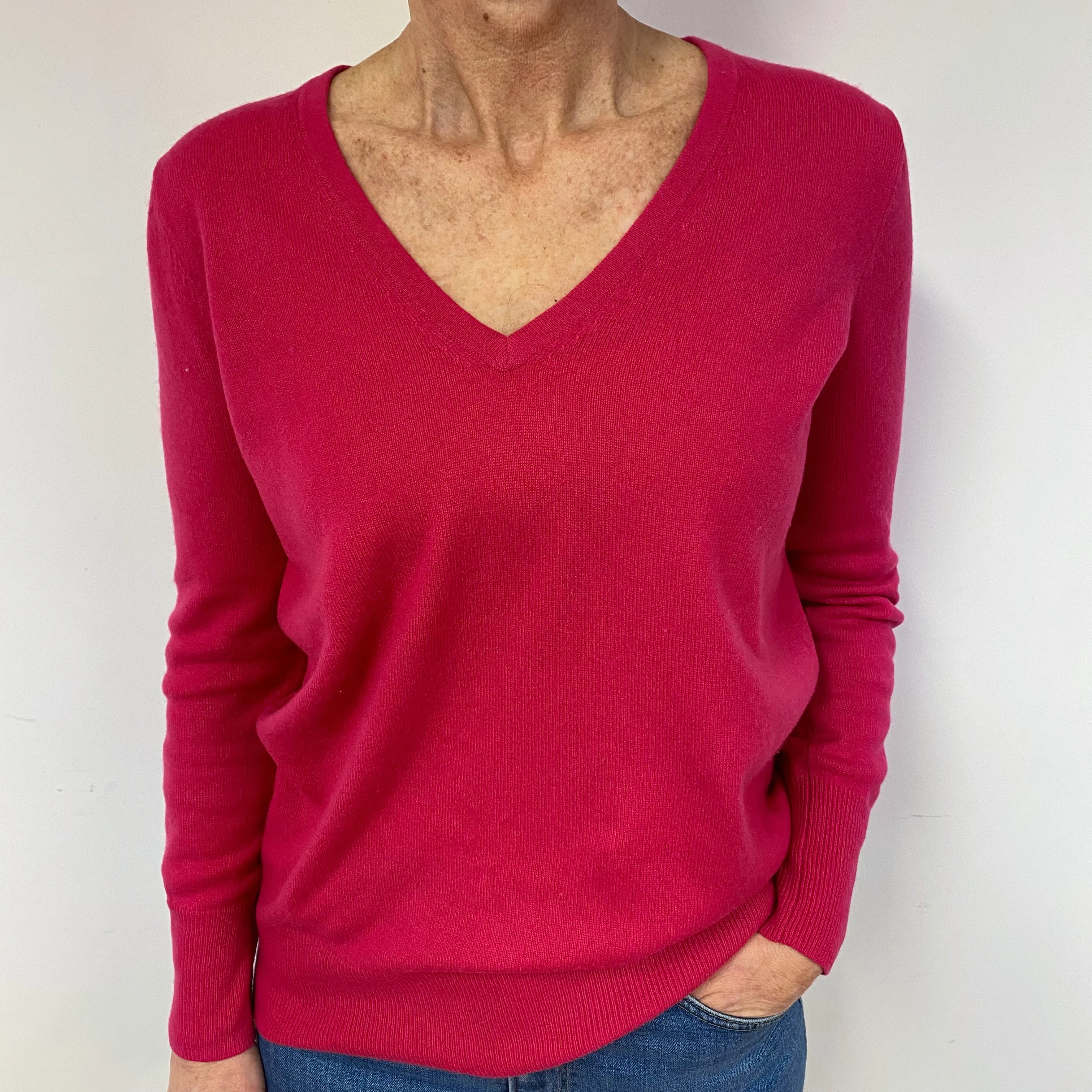 Fuchsia Pink Cashmere V-Neck Jumper Medium