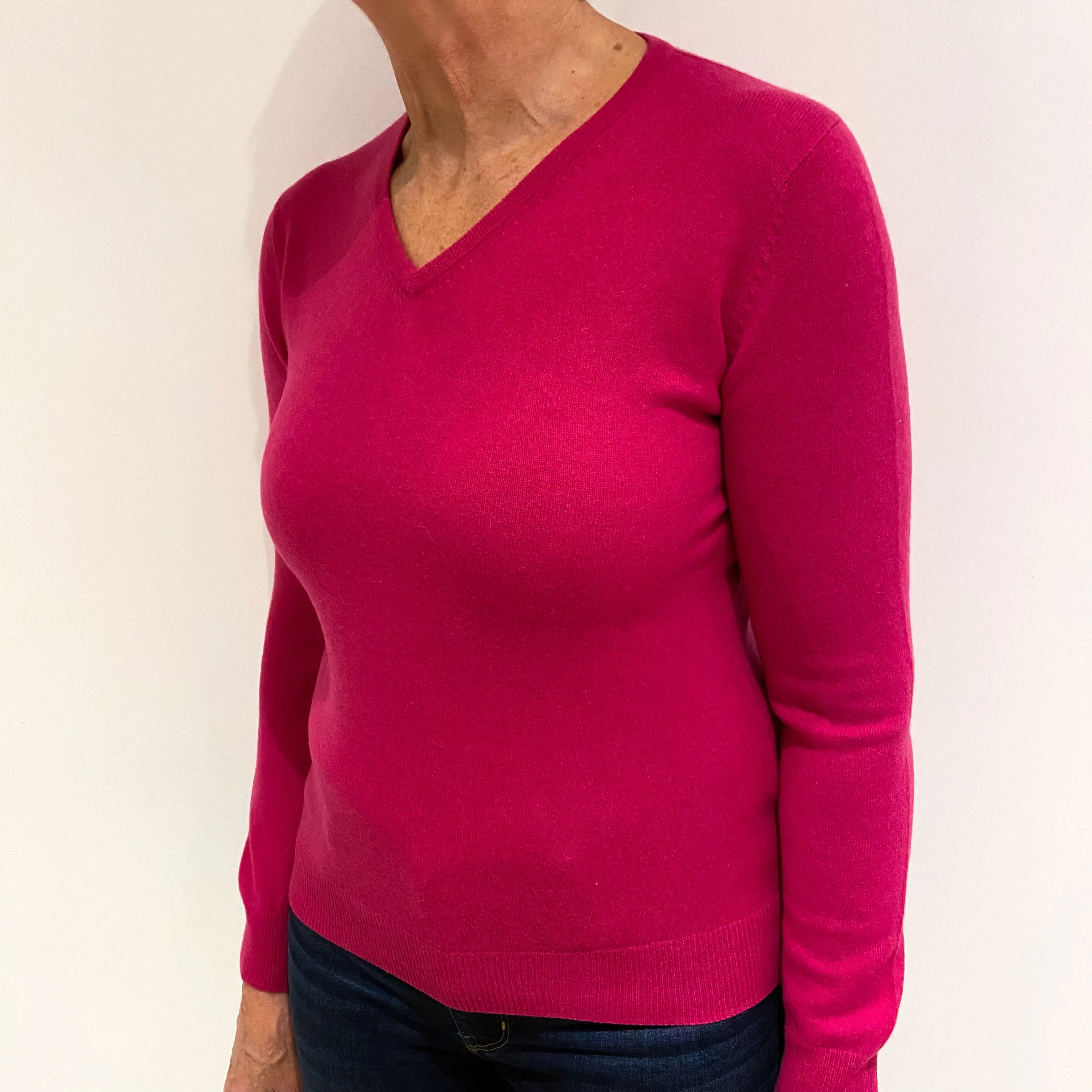 Fuchsia Pink Cashmere V Neck Jumper Medium