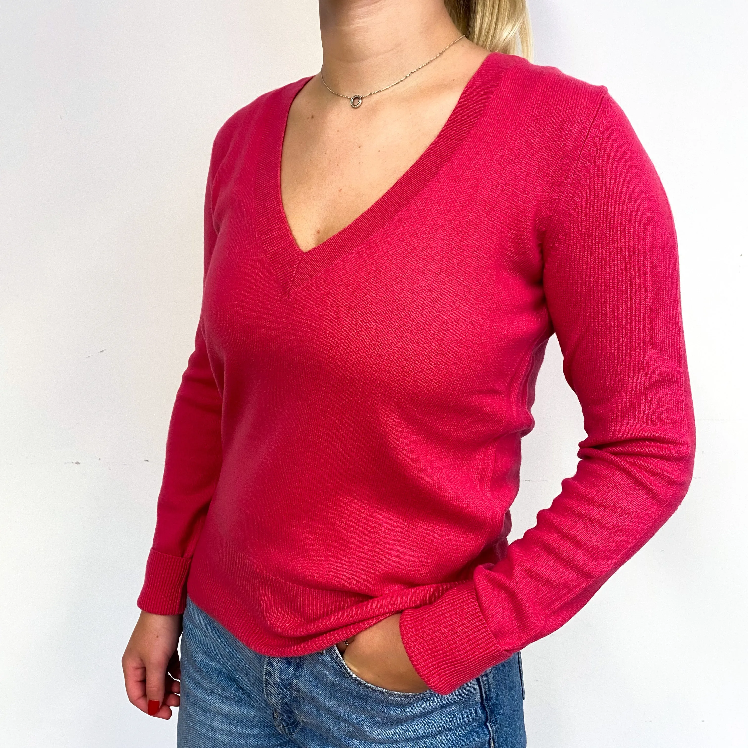 Fuchsia Pink Cashmere V Neck Jumper Small