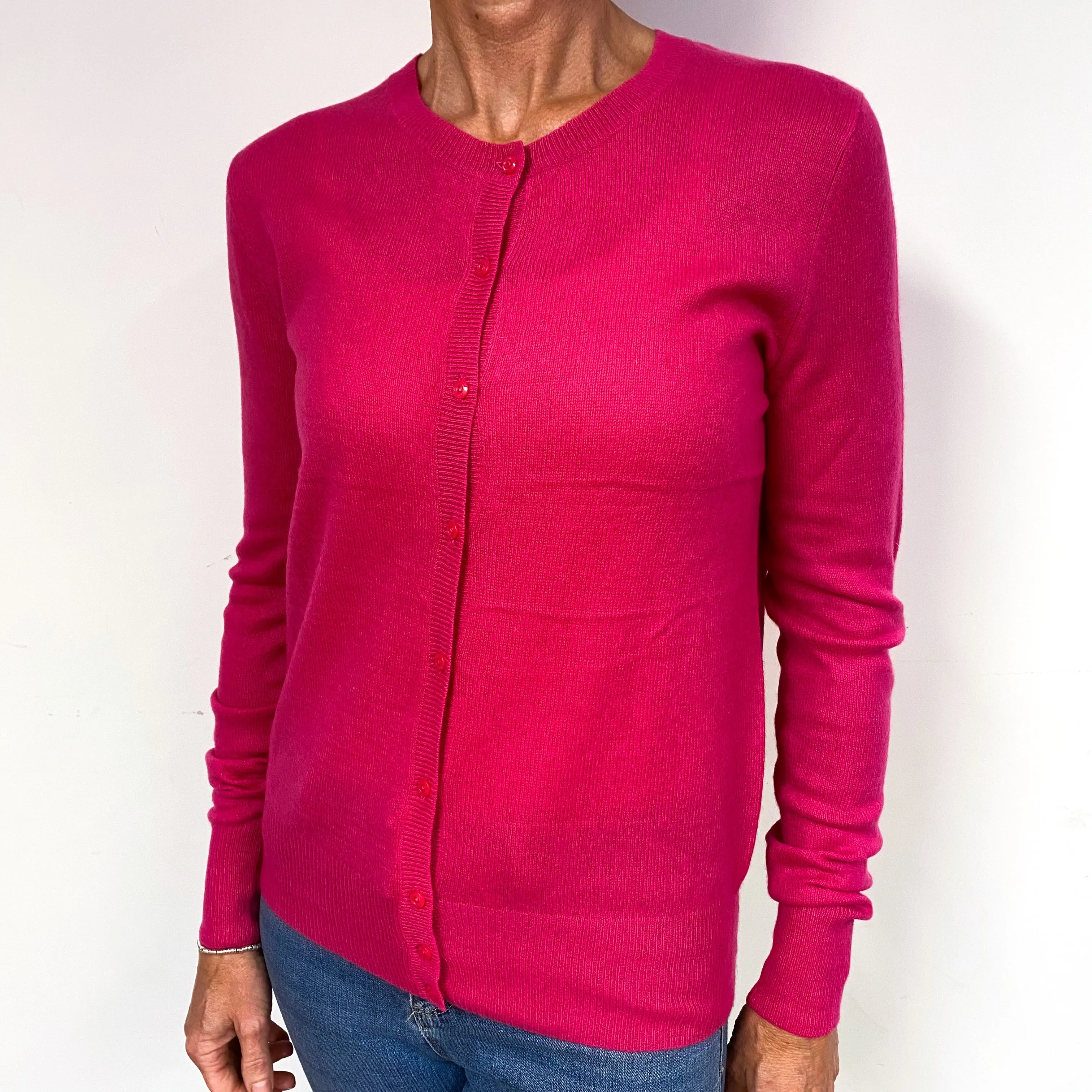 Fuchsia Pink Lightweight Cashmere Crew Neck Cardigan Medium