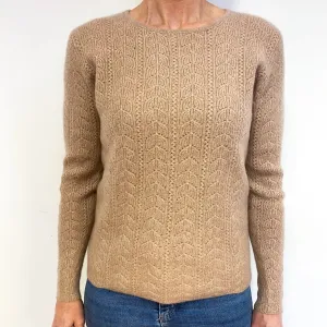 Fudge Brown Lace Knit Cashmere Crew Neck Jumper Medium
