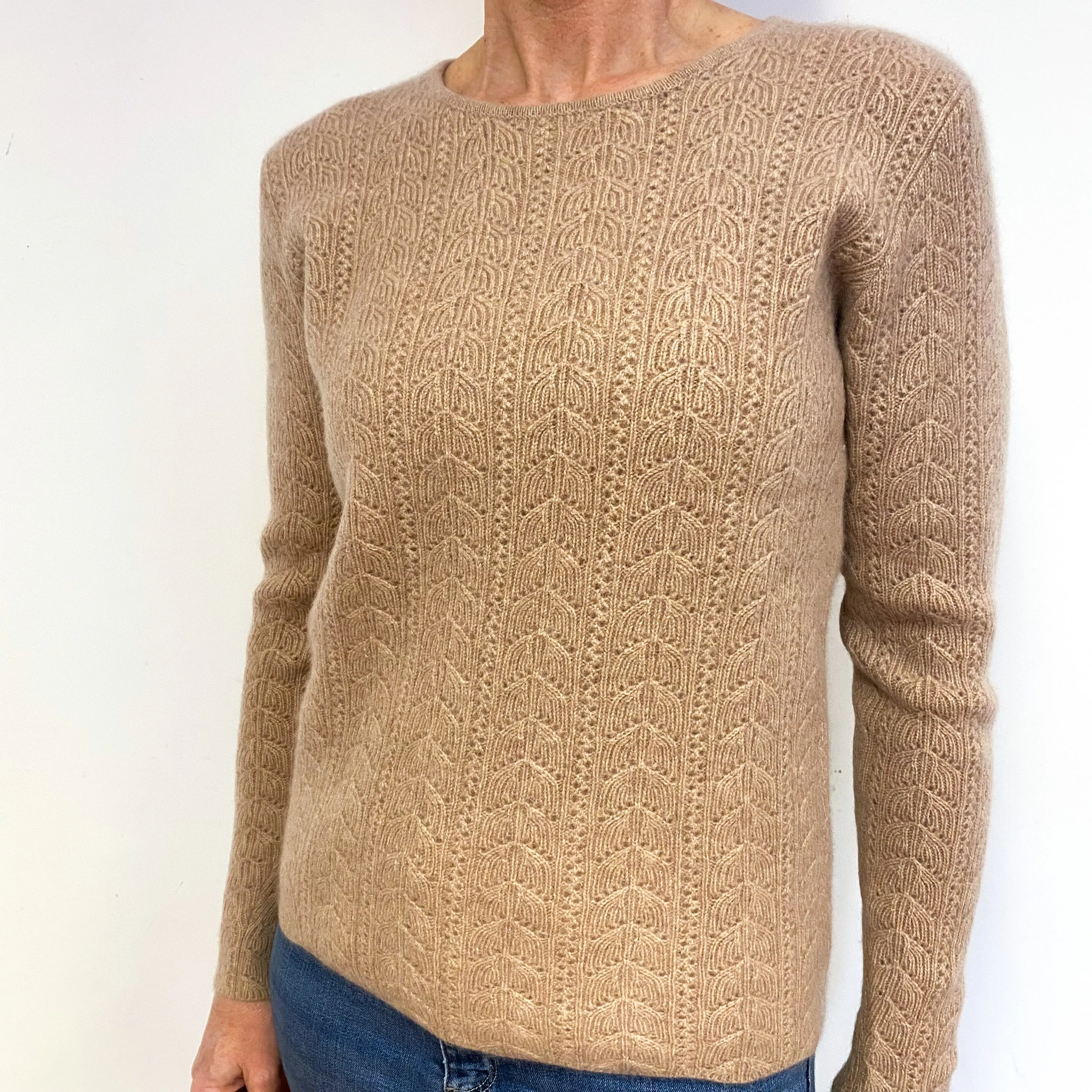 Fudge Brown Lace Knit Cashmere Crew Neck Jumper Medium