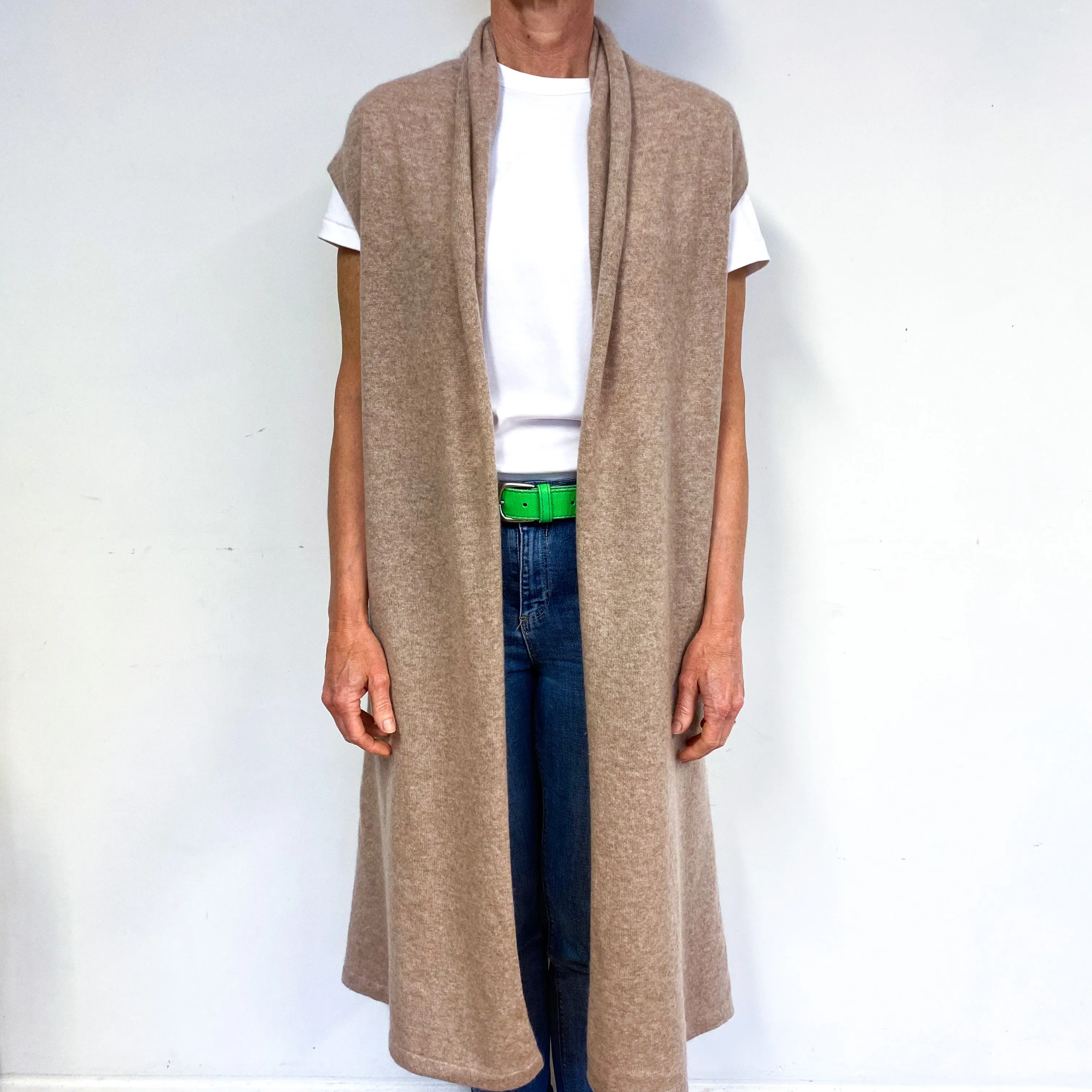 Fudge Brown Sleeveless Cashmere Edge to Edge Cardigan Medium