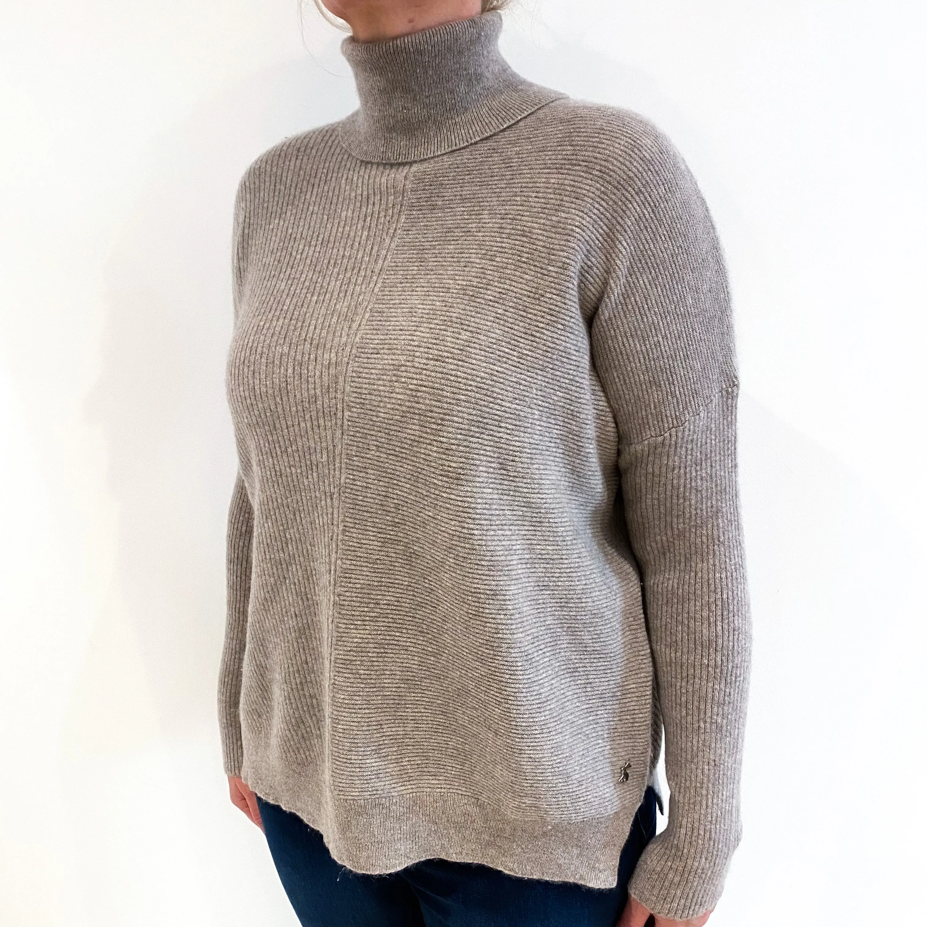 Fudge Brown Vertical and Horizontal Rib Cashmere Polo Neck Jumper Large