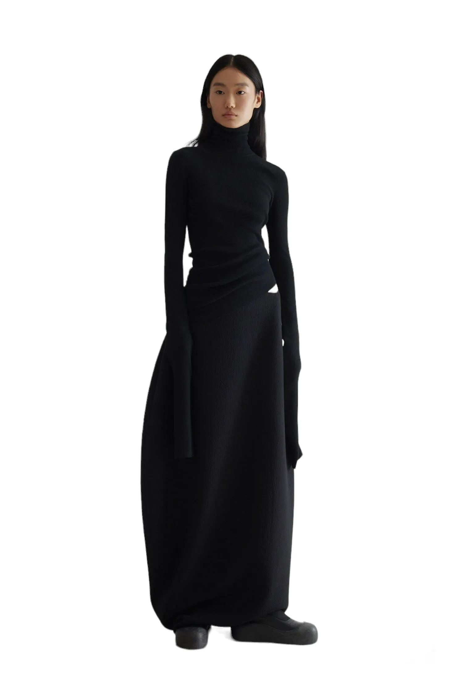 Geometric Curved Turtleneck Wool Knit Top