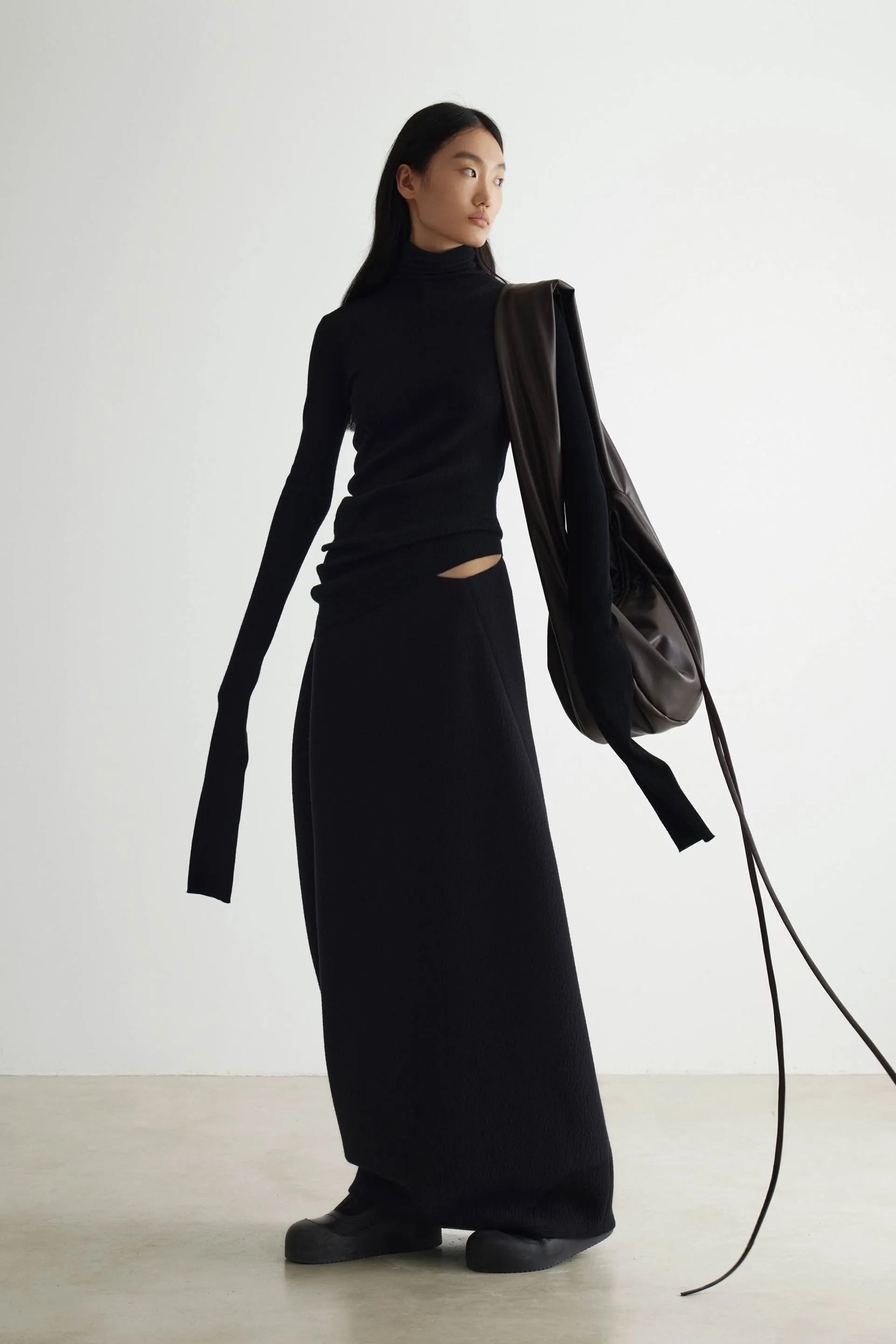 Geometric Curved Turtleneck Wool Knit Top