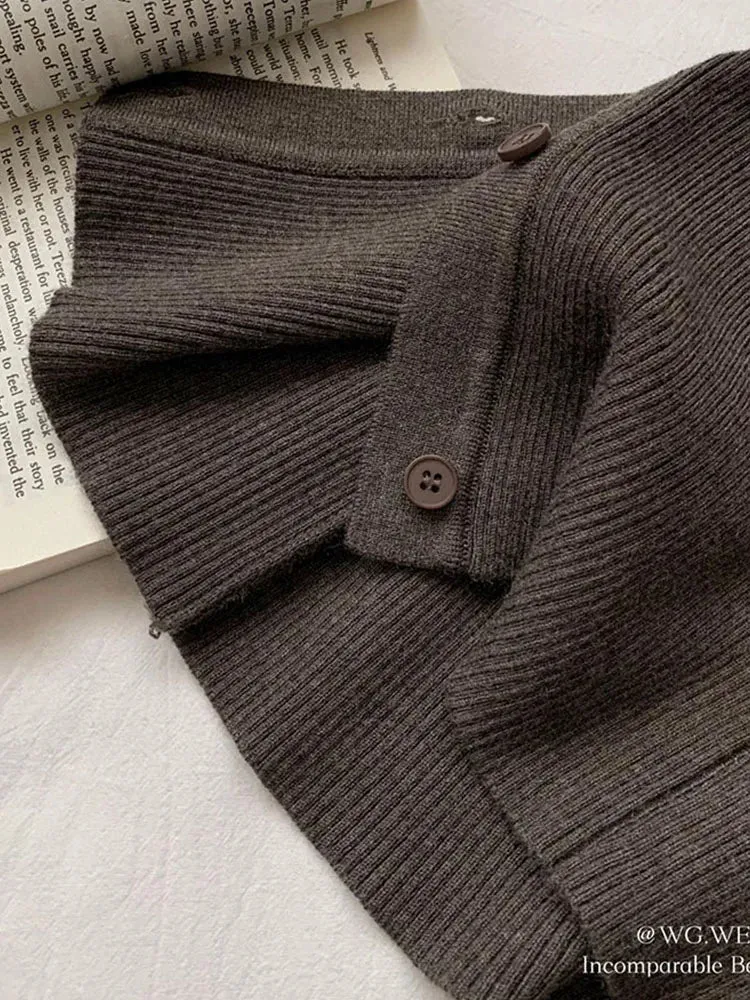 Girlary French Elegant Vintage V-Neck Knitted Cardigan Women Brown Single Breasted Sweater Long Sleeve Jumper Streetwear 2000s Aesthetic