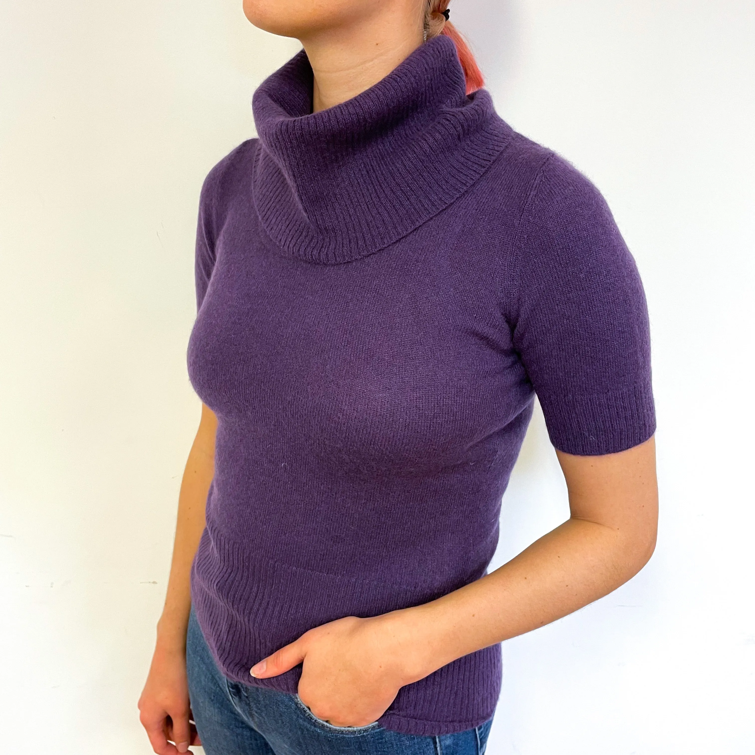 Grape Purple Short Sleeve Cashmere Polo Neck Jumper Small