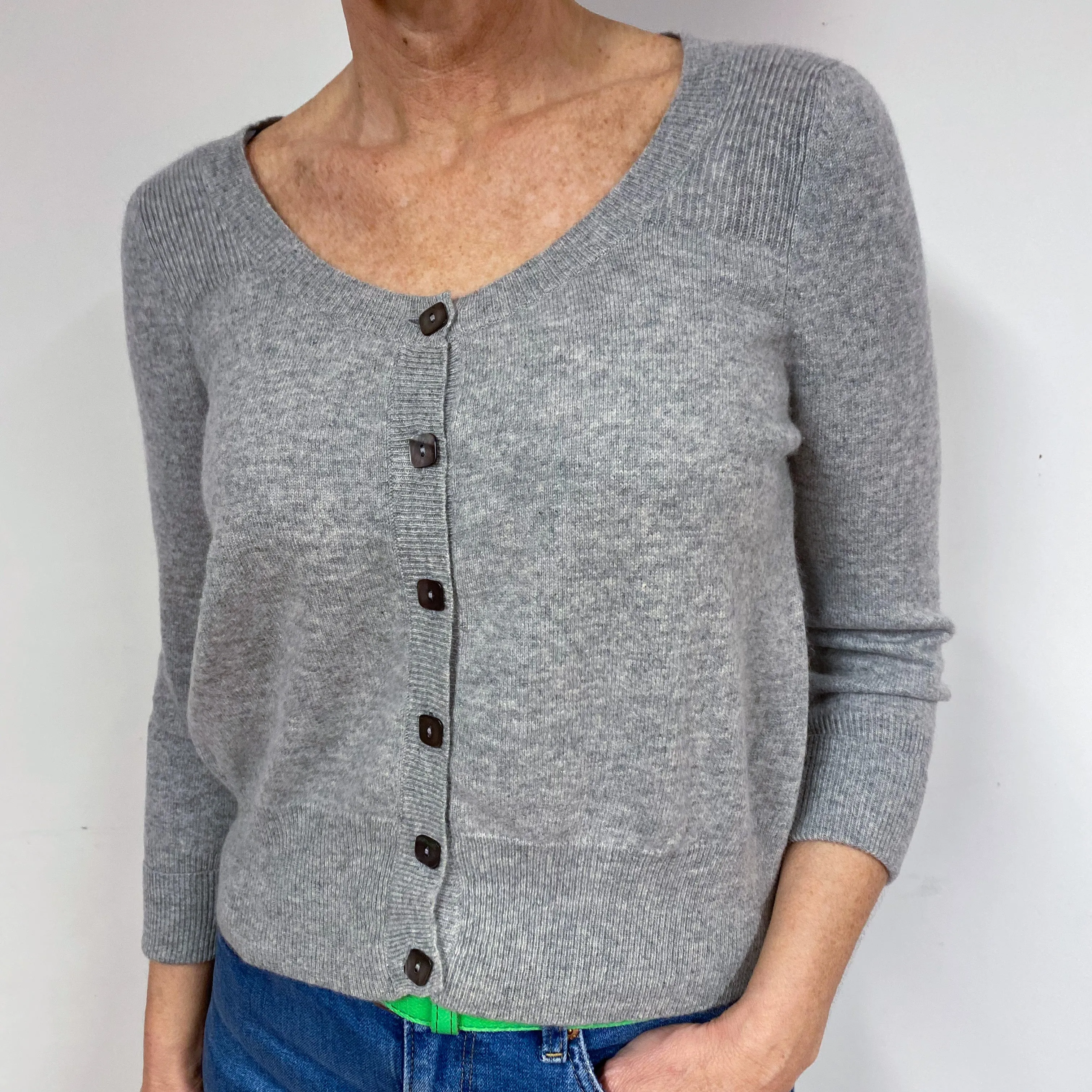 Grey 3/4 Sleeve Cashmere Scoop Neck Cardigan Medium