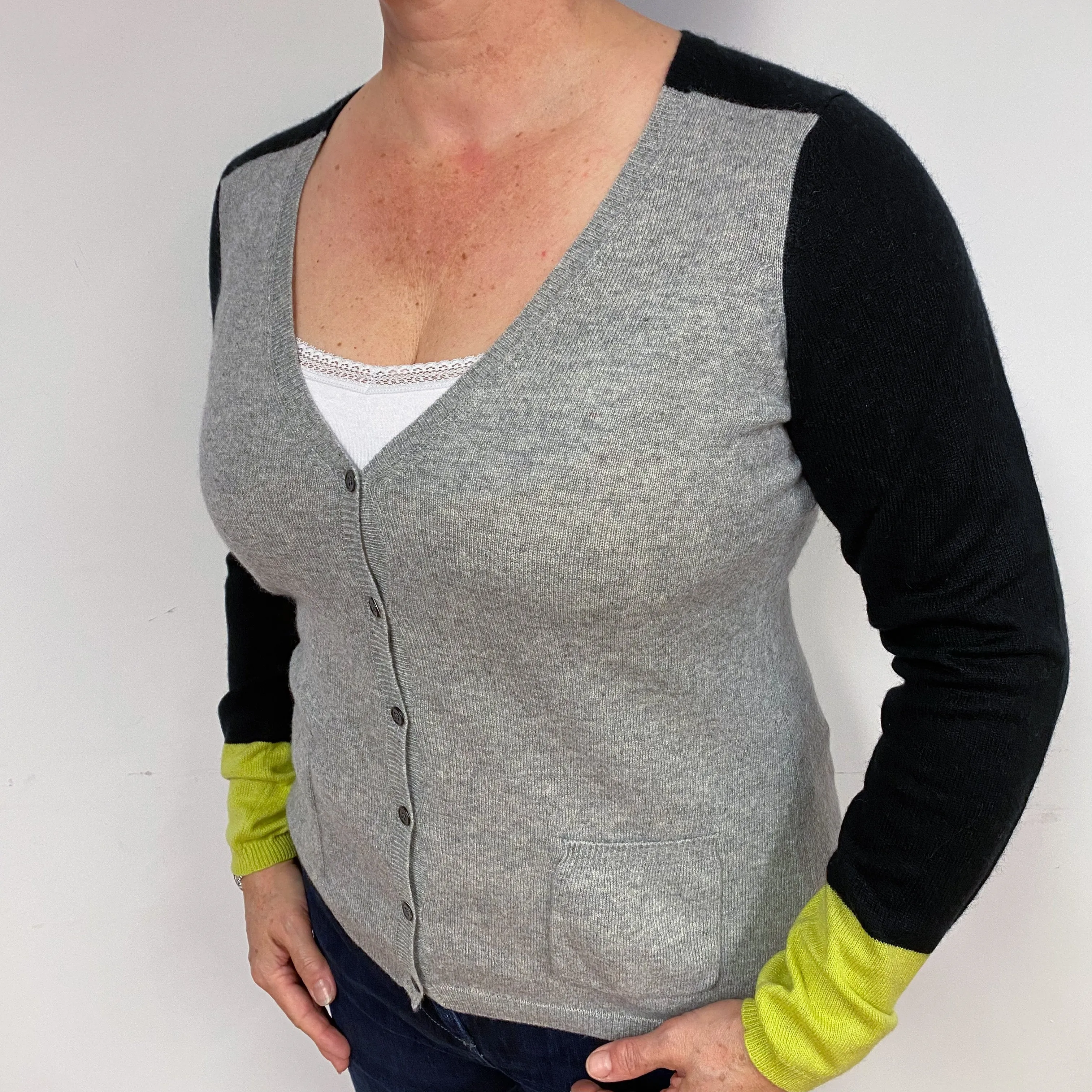 Grey and Black Cashmere V-Neck Cardigan Large