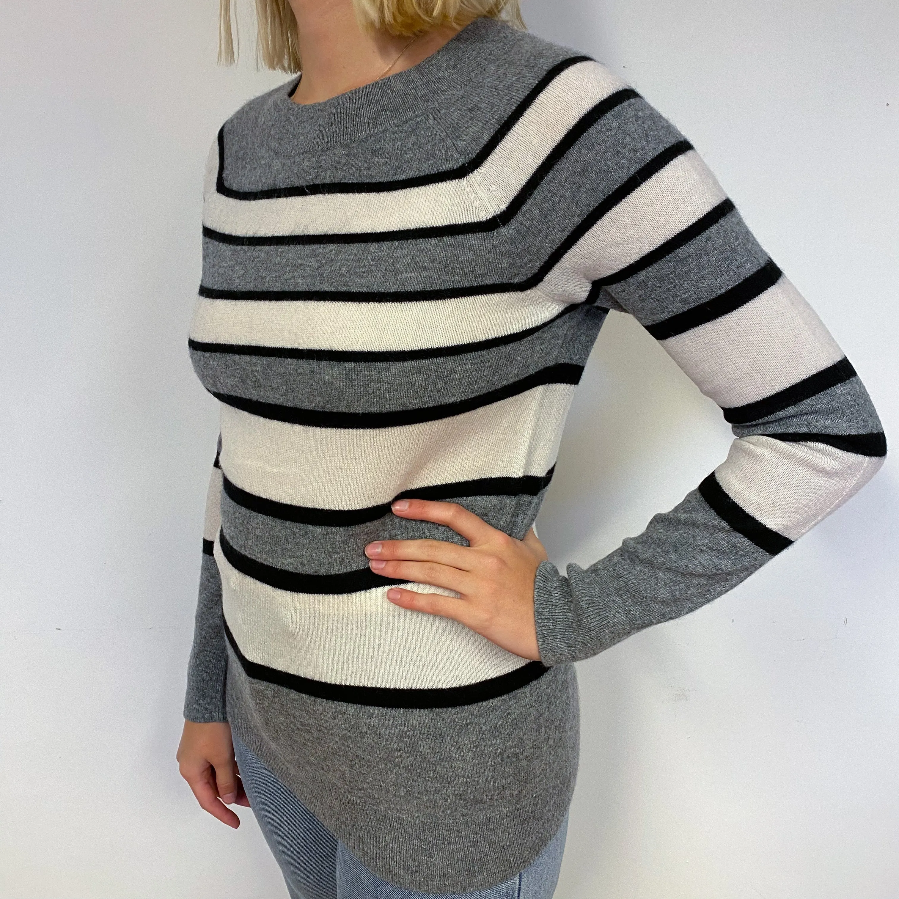 Grey and Cream StripeCashmere Crew Neck Jumper Small
