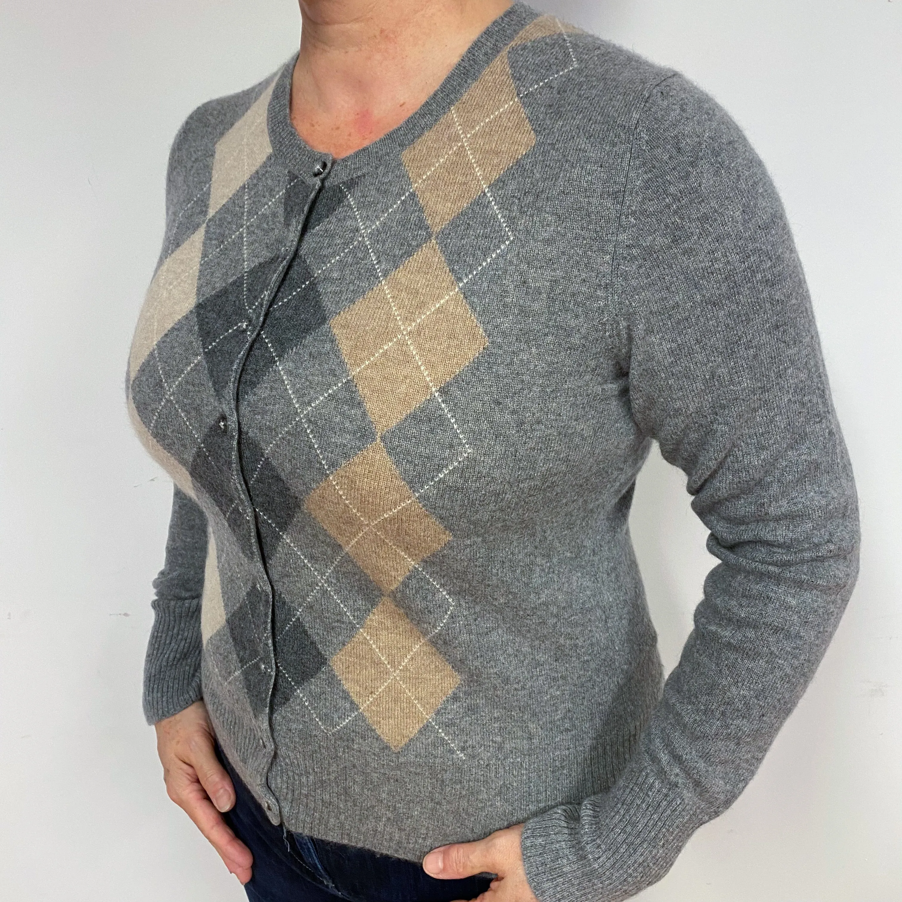 Grey Beige Diamond Cashmere Crew Neck Cardigan Large