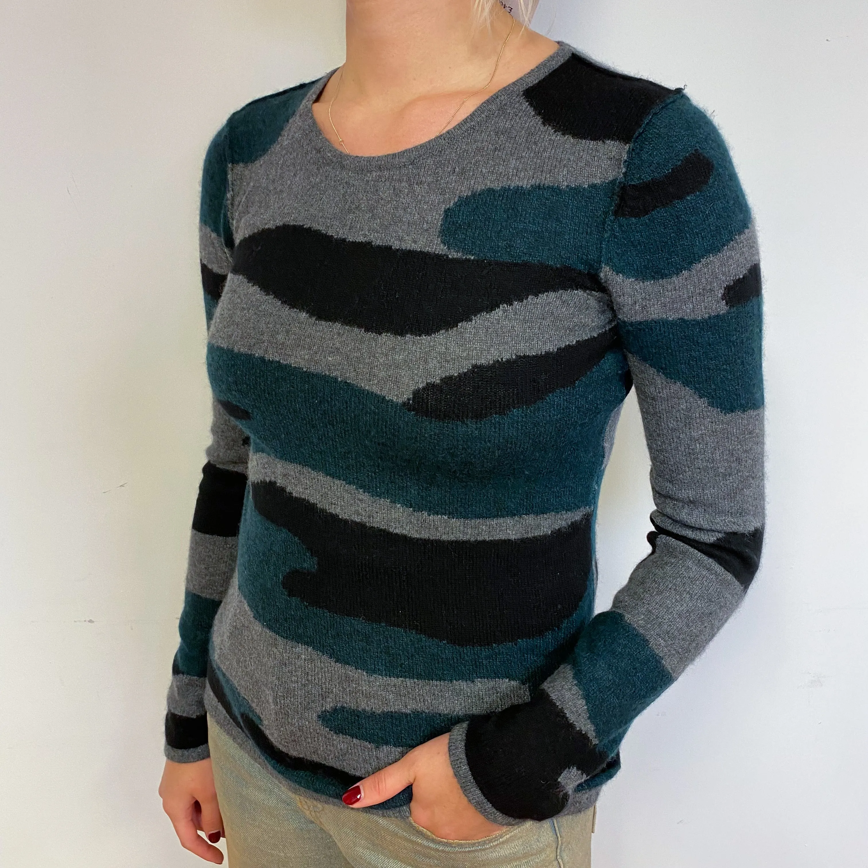 Grey Camouflage Cashmere Crew Neck Jumper Small