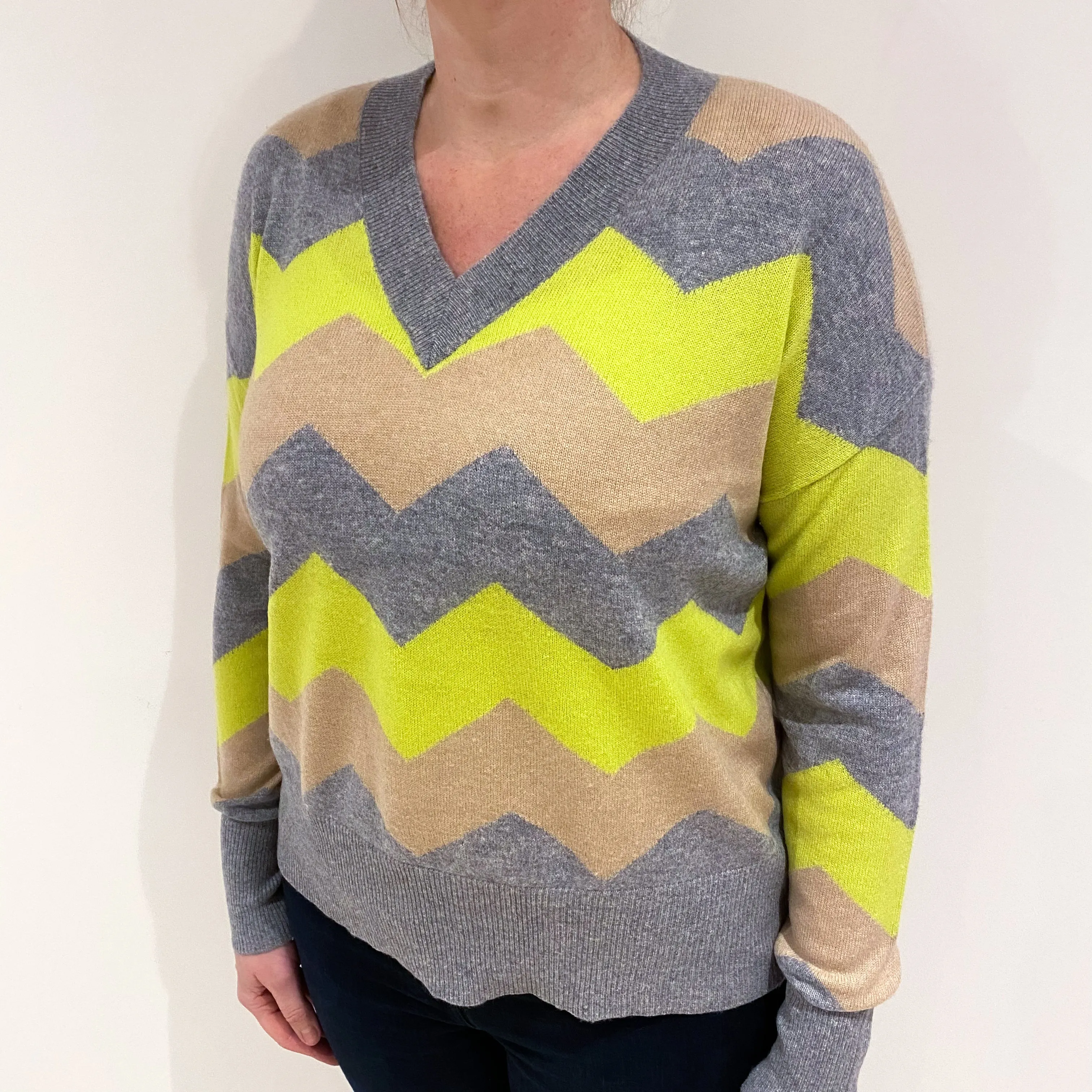 Grey, Caramel Brown and Neon Yellow Cashmere V Neck Jumper Large