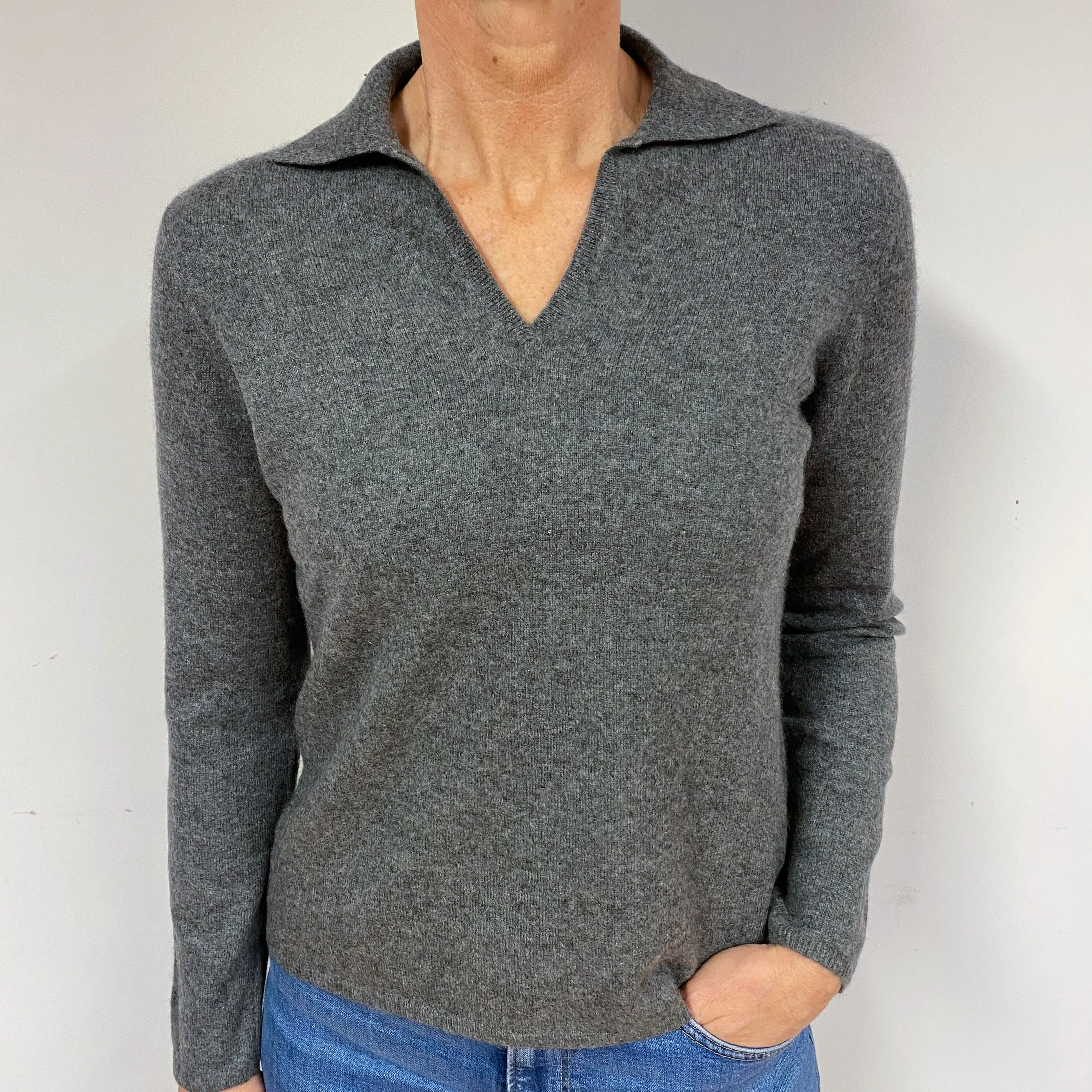 Grey Collared Cashmere V-Neck Jumper Medium/Petite